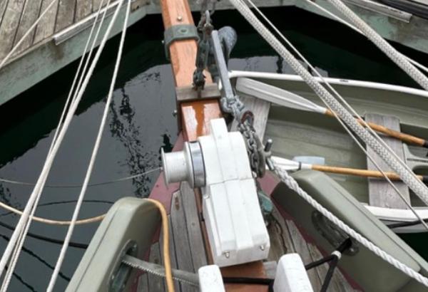 Bow of 1982 Bristol Channel Cutter 28 with rigging and anchor detail.
