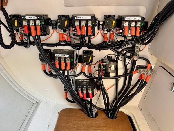 Electrical panel with labeled wiring in a 2005 J Boats J/100 sailboat.
