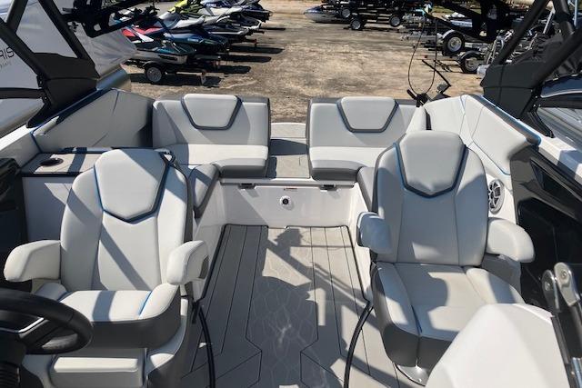 2021 Yamaha Boats 252XE interior with modern seating and sleek design.