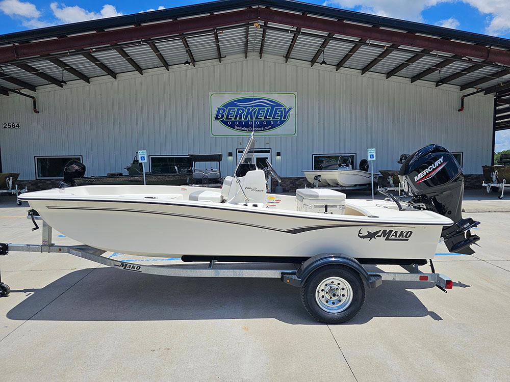 2025 Mako Pro Skiff 15 CC boat on trailer at Berkeley Outdoors.