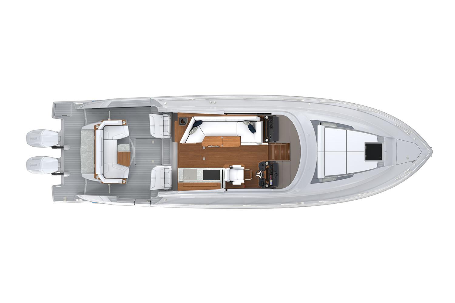 Manufacturer Provided Image: Top view of 2025 Tiara Yachts 43 LE, showcasing spacious deck and interior layout.