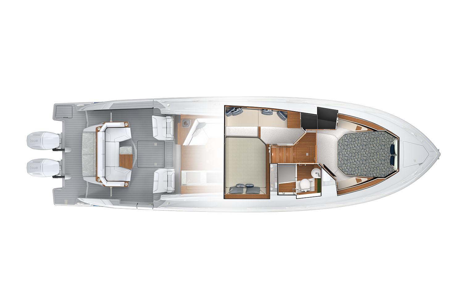 Manufacturer Provided Image: Top view of 2025 Tiara Yachts 43 LE layout, featuring spacious interior and dual engines.