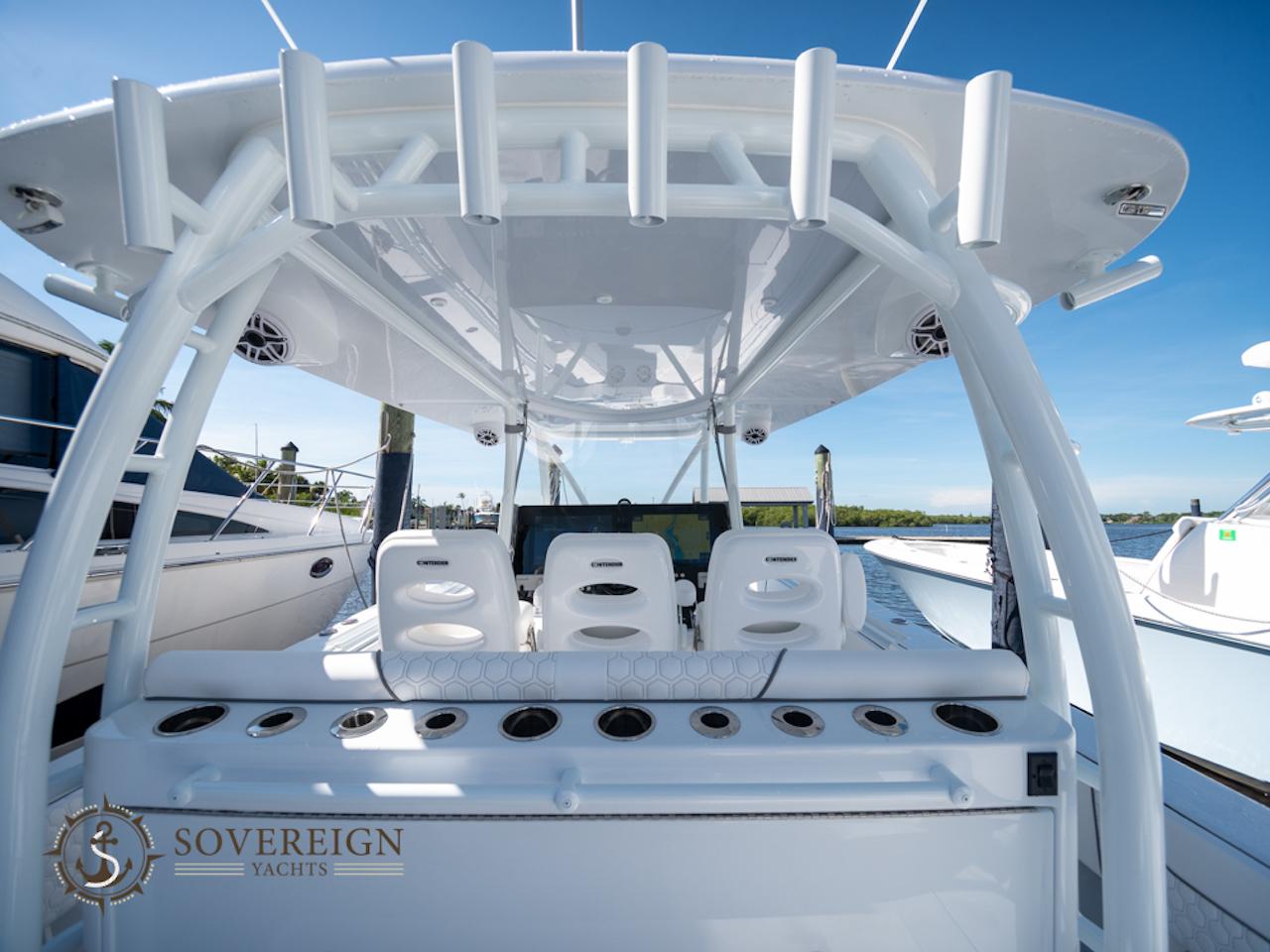 Contender-44 CB 2024-JDJ4C023C324 FL-US-2024 Contender 44 CB yacht with white seating and rod holders, Sovereign Yachts logo.-8992982 | Thumbnail