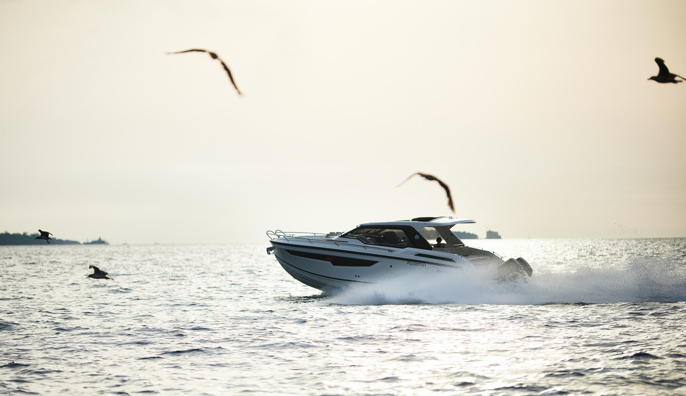 Skamander-Sorrento 2025 -FL-US-2025 Skamander Sorrento boat cruising on open water with seagulls flying above.-9722985 | Thumbnail