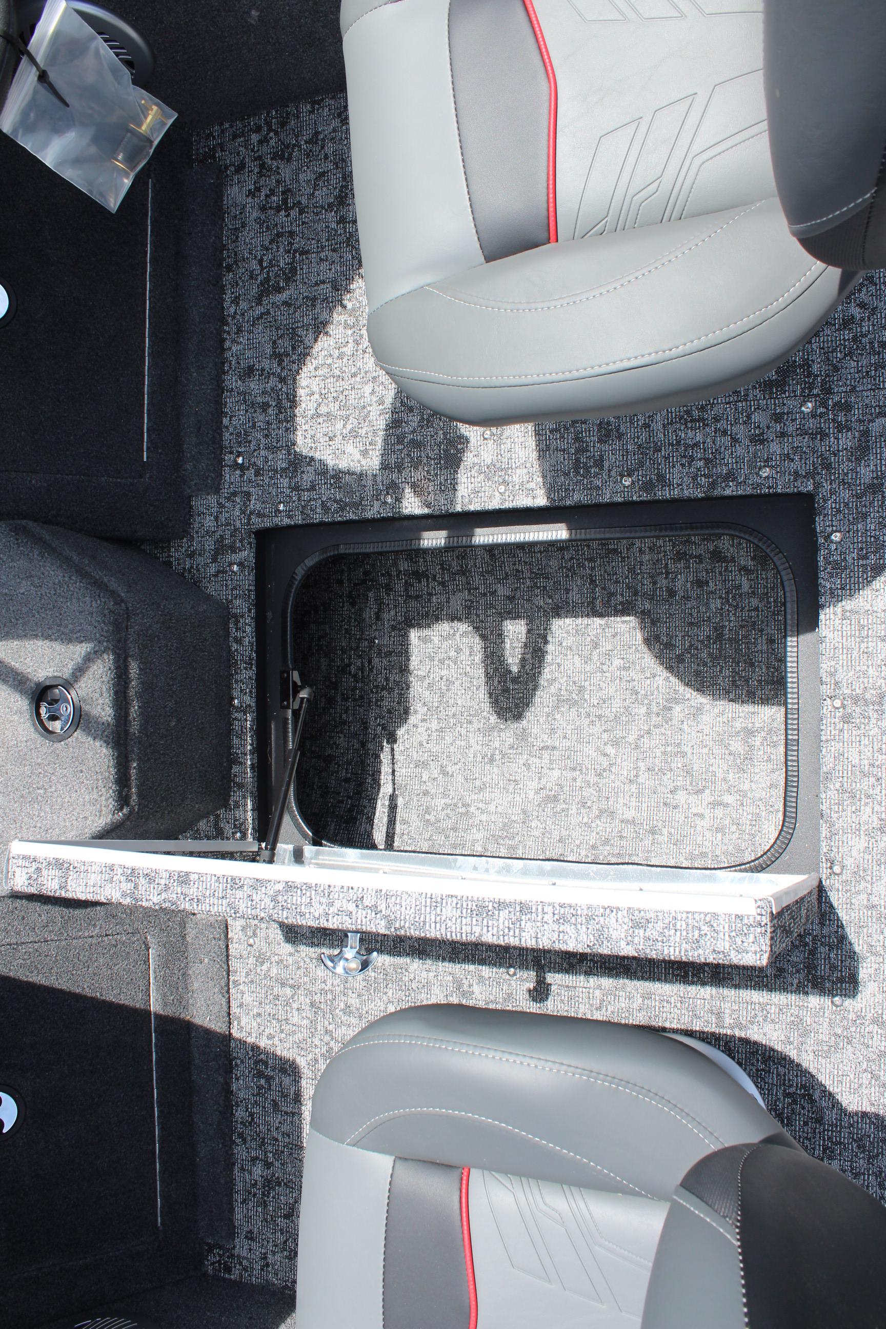 2025 Tracker Pro Guide V-175 Combo interior with gray seats and storage compartment.