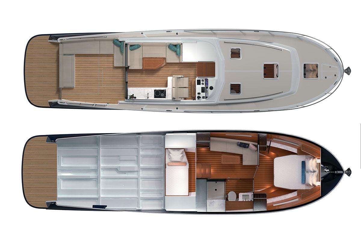 Top-down view of 2025 MJM 42 yacht interior layout, showcasing living and sleeping areas.