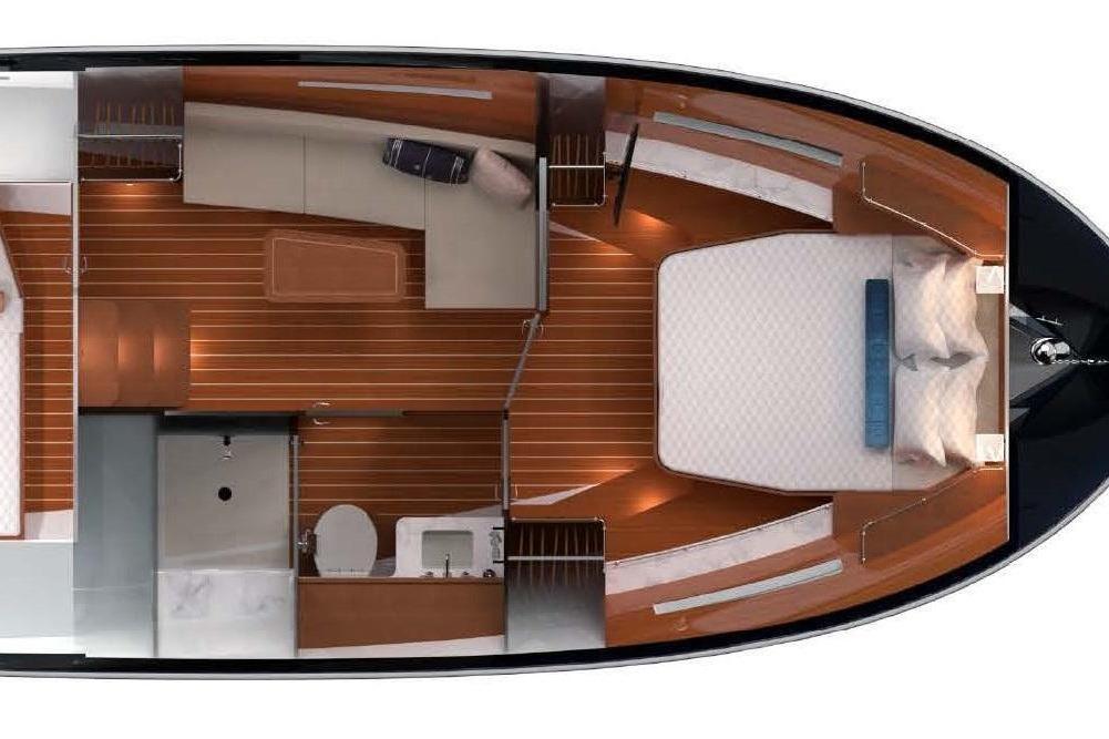 Top view of 2025 MJM 42 yacht interior layout with bedroom and bathroom.