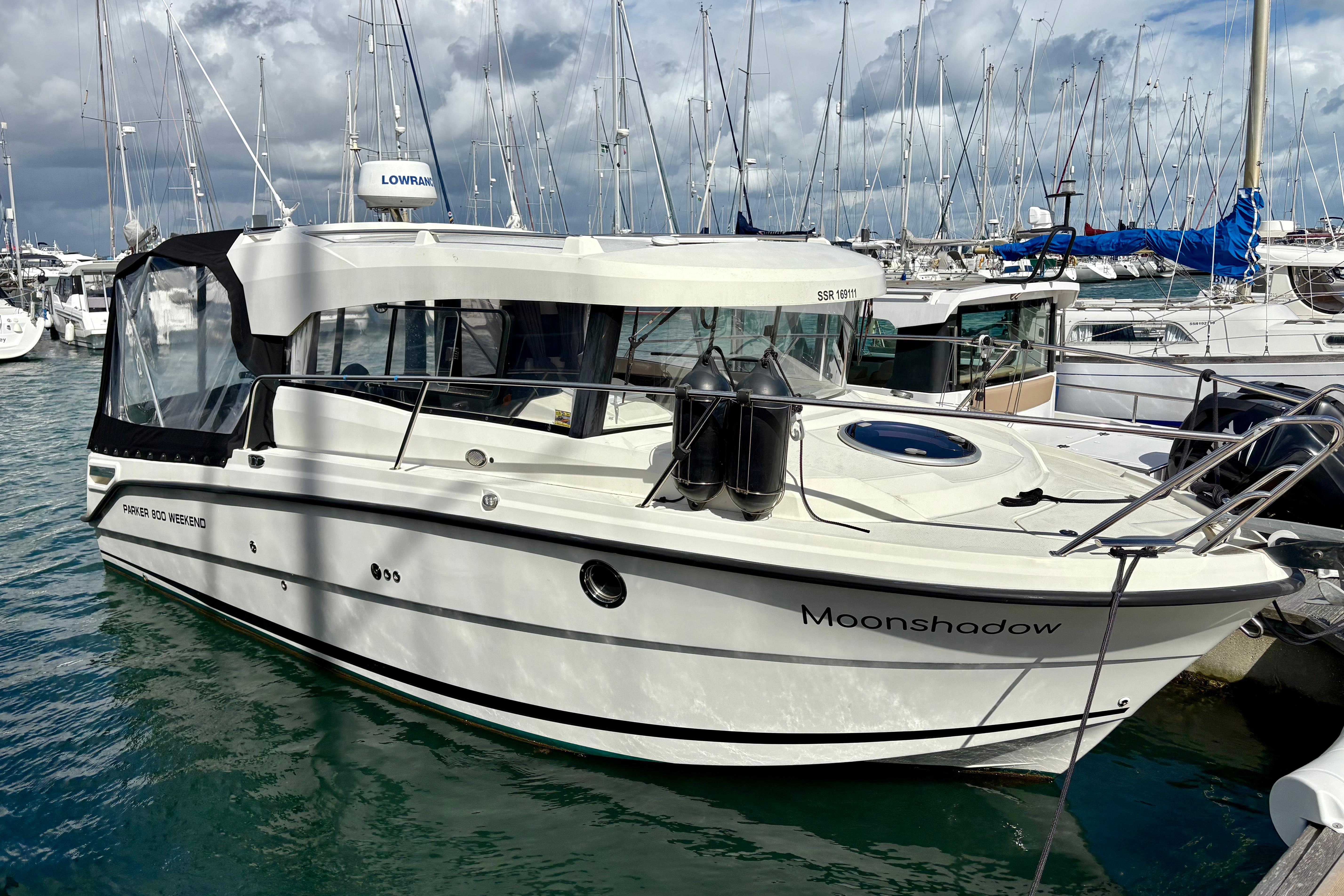2017 Parker Poland 800 Weekend boat docked in a marina, named 