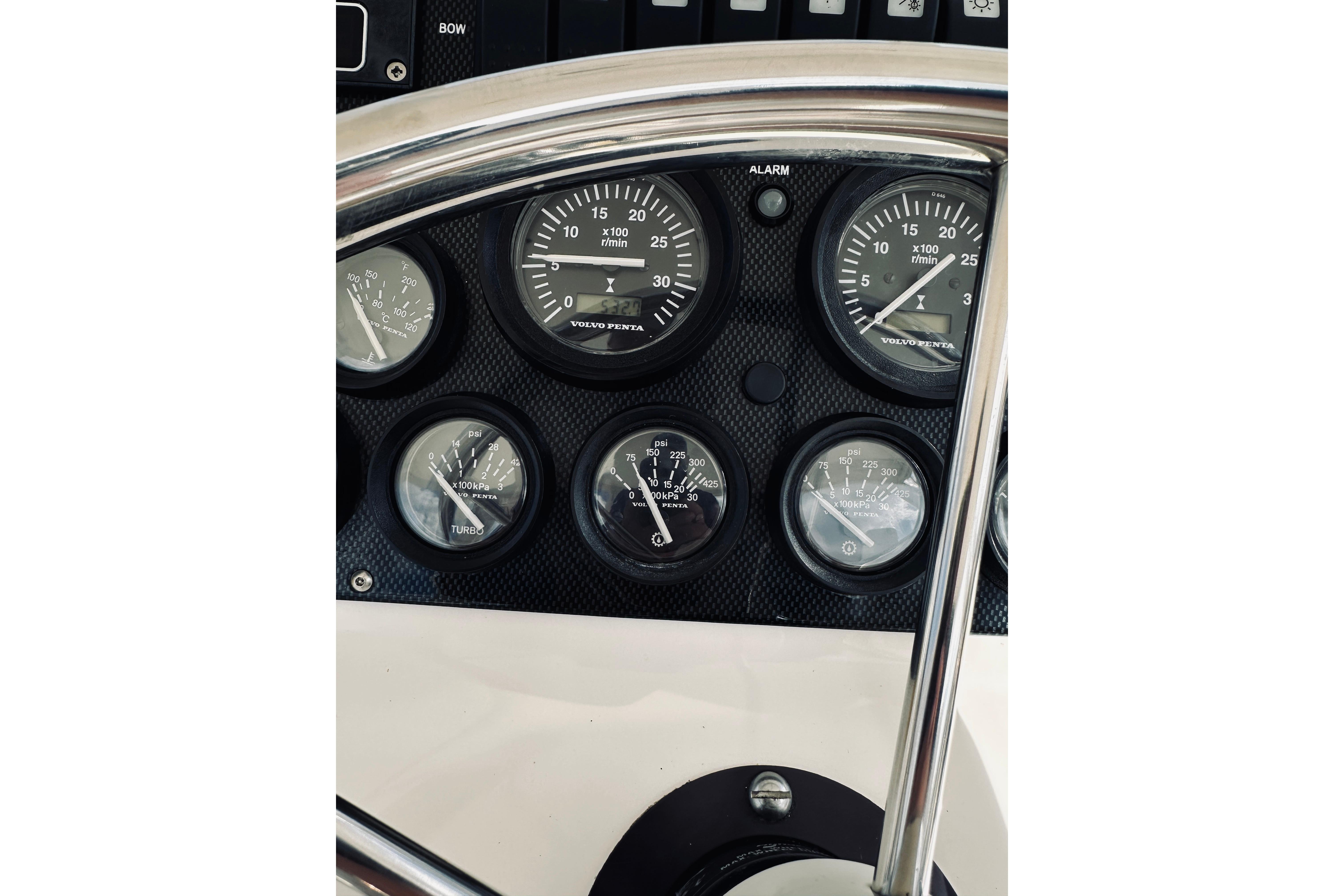 Instrument panel of a 2000 Riviera 40 boat with Volvo Penta gauges.