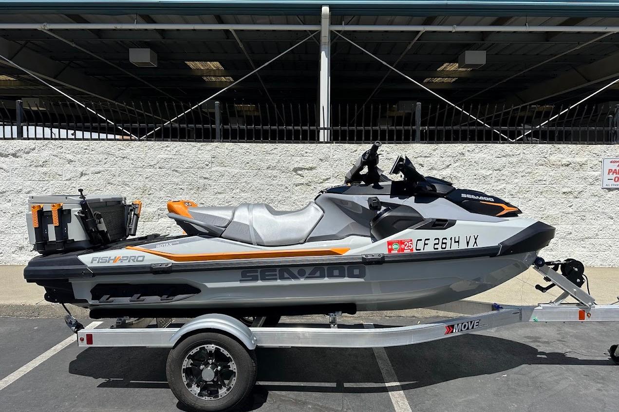 2023 Sea-Doo Fish Pro Trophy on trailer, parked outdoors.