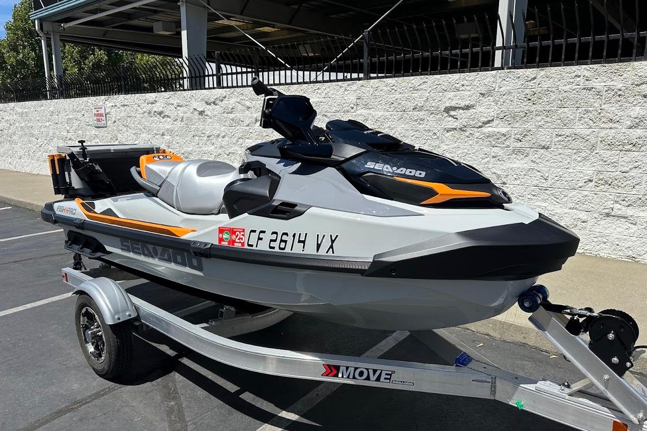 2023 Sea-Doo Fish Pro Trophy on trailer, parked outdoors.
