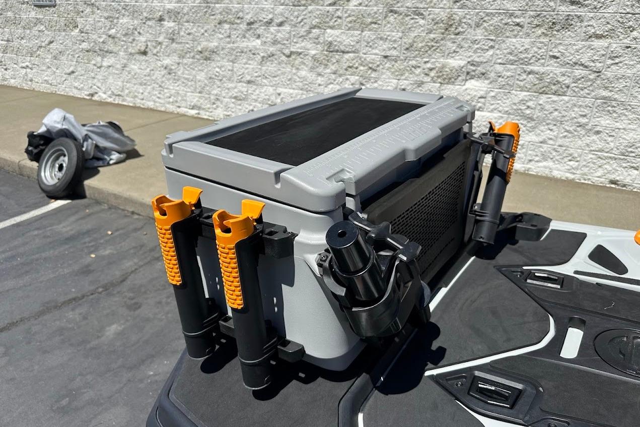 2023 Sea-Doo Fish Pro Trophy fishing gear setup with rod holders and storage box.
