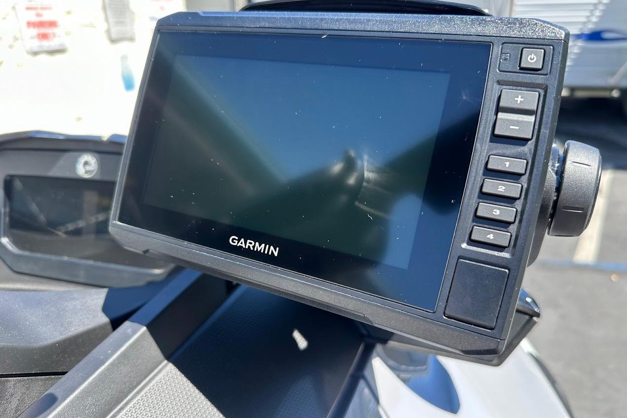 Garmin display on 2023 Sea-Doo Fish Pro Trophy watercraft, close-up view.