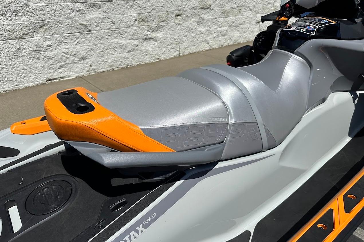 2023 Sea-Doo Fish Pro Trophy jet ski seat, featuring sleek gray and orange design.