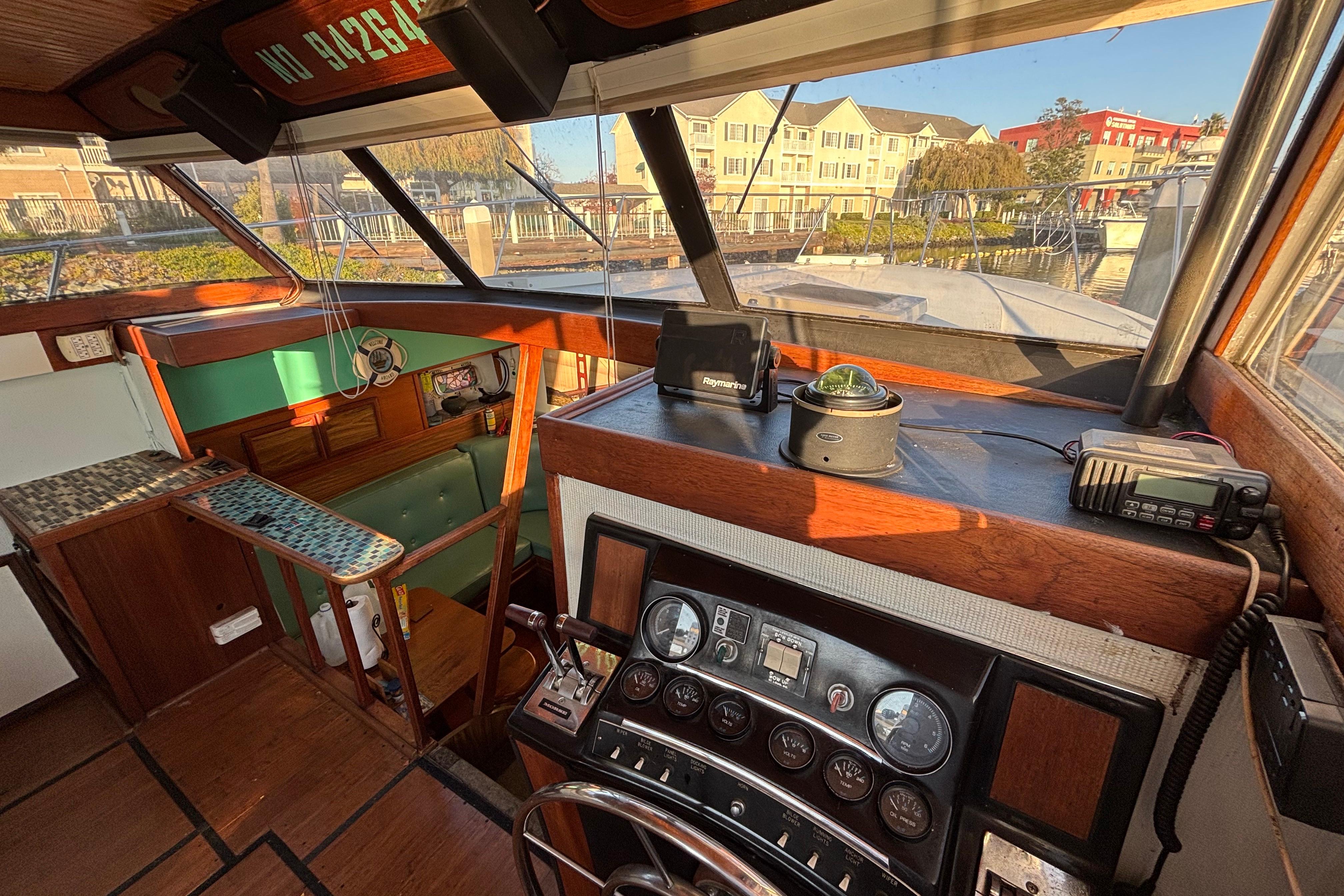 Interior of a 1979 Viking 43 boat cockpit with navigation instruments and seating area.