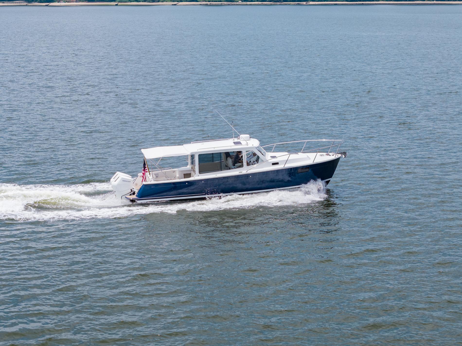 2025 MJM 35 boat cruising on open water.