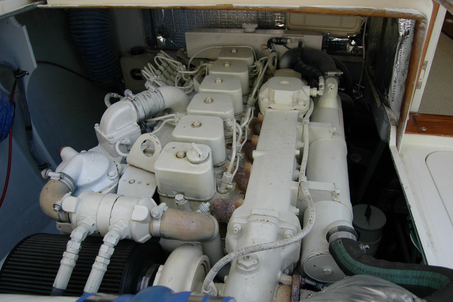 Engine compartment of a 1987 Bertram 33 Sport Fisherman boat.