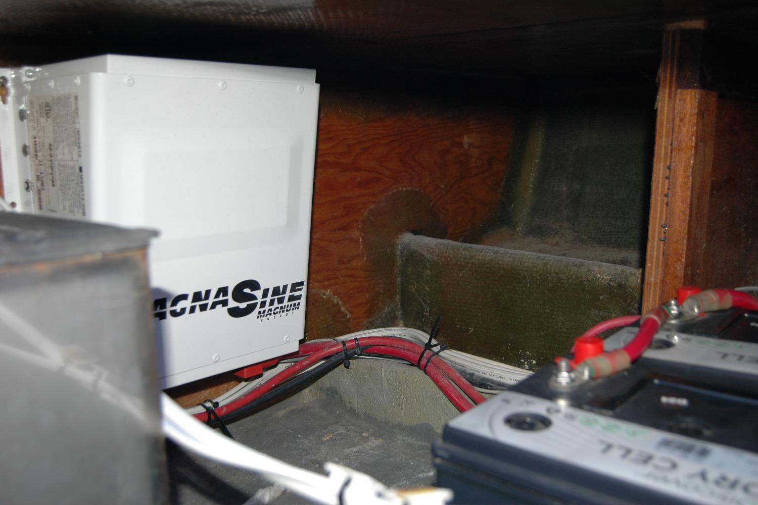 Electrical components inside a 1987 Bertram 33 Sport Fisherman boat.