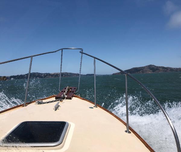 1974 Dyer 29' Sport Fisher cruising on open water with scenic island views.