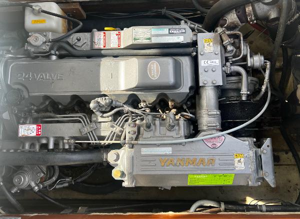 Engine of a 1974 Dyer 29' Sport Fisher boat, featuring Yanmar components.