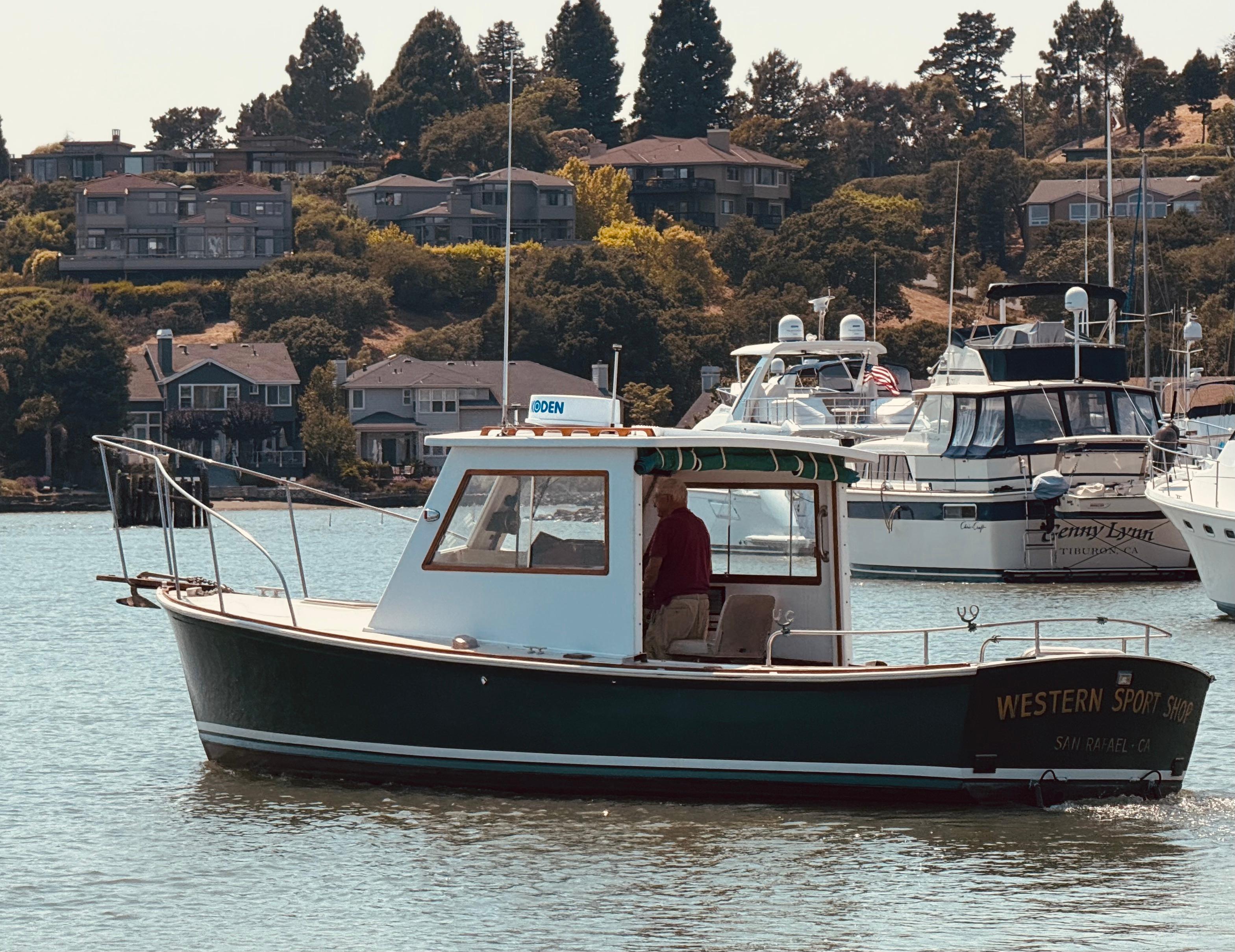 1974 Dyer 29' Sport Fisher boat on calm water, surrounded by houses and other boats.