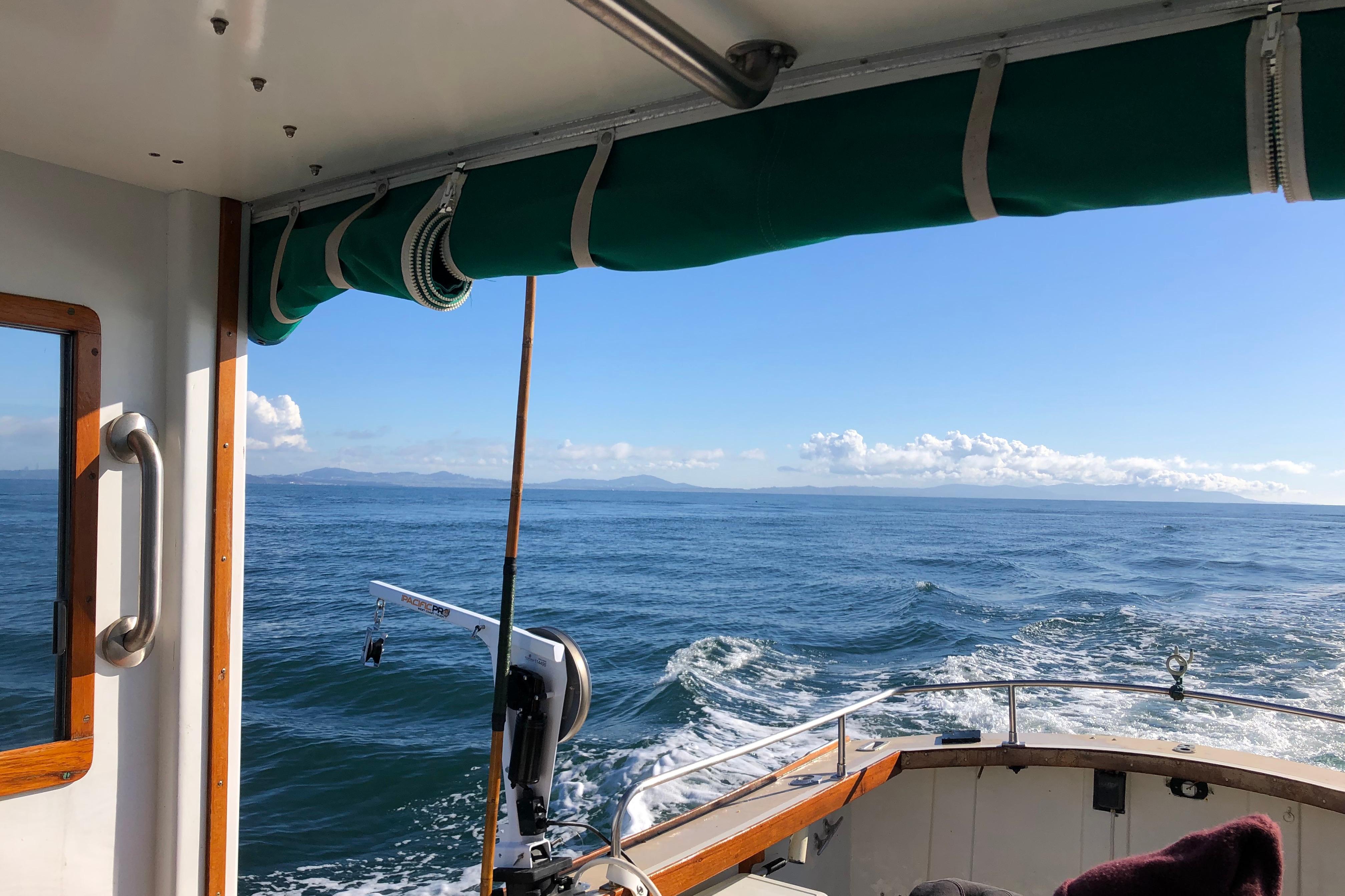 1974 Dyer 29' Sport Fisher cruising on open sea under clear blue sky.