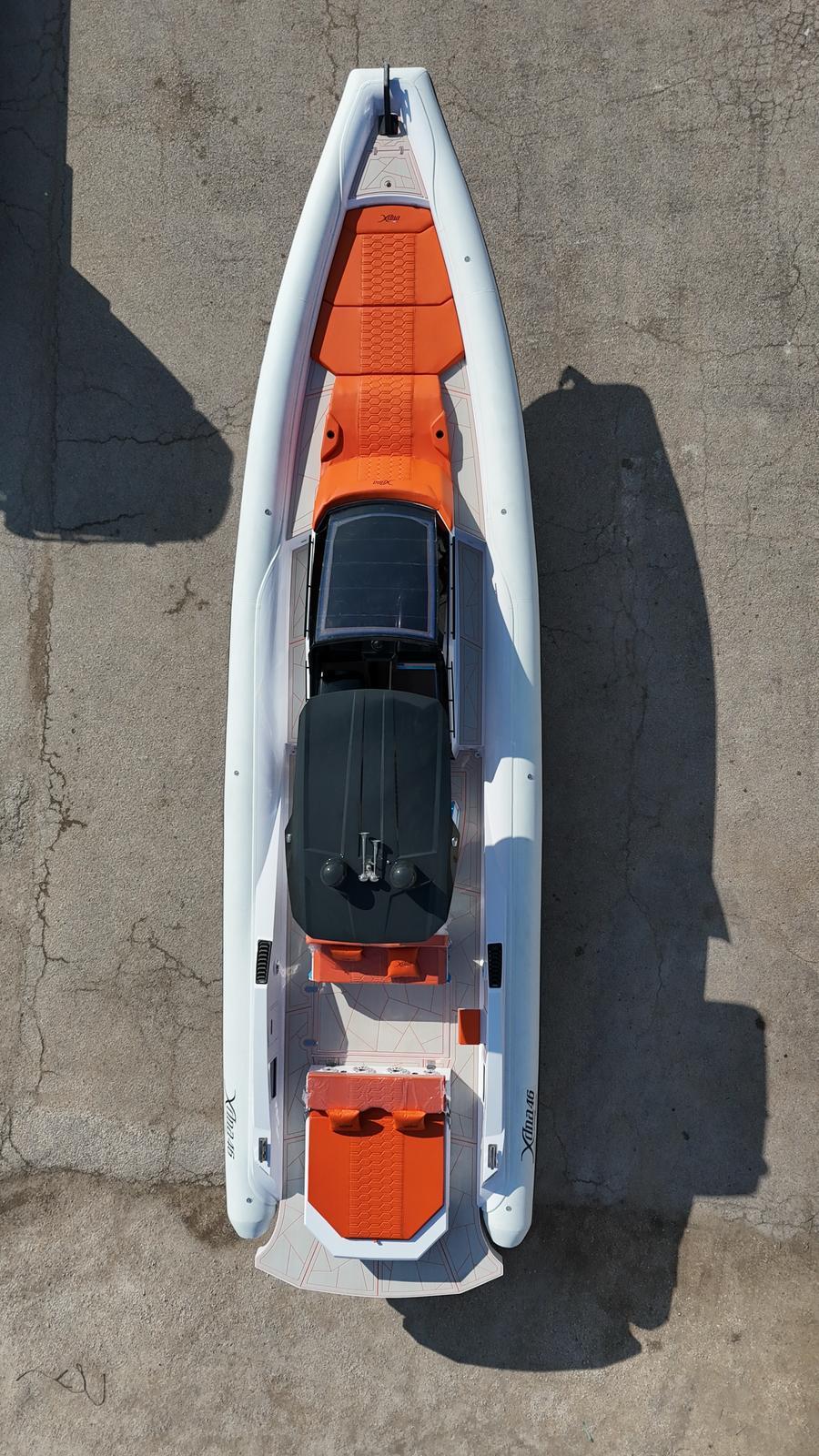 DNA-46 2026 -FL-US-Aerial view of 2025 DNA 46 boat with orange and black seating.-9703461