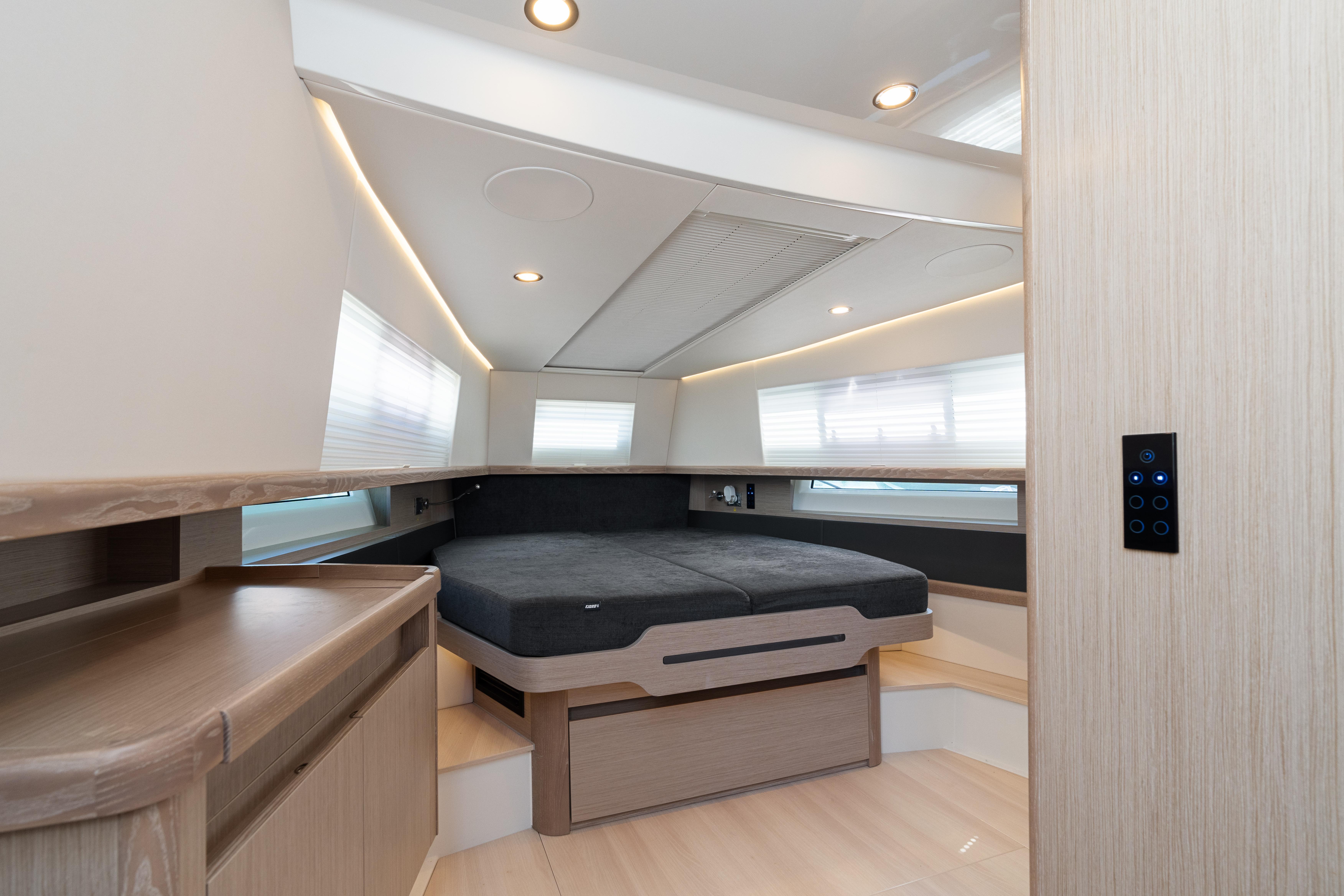 Fjord-44 Open 2022-HINJUICE FL-US-2022 Fjord 44 Open cabin interior with modern design and ambient lighting.-9860902 | Thumbnail