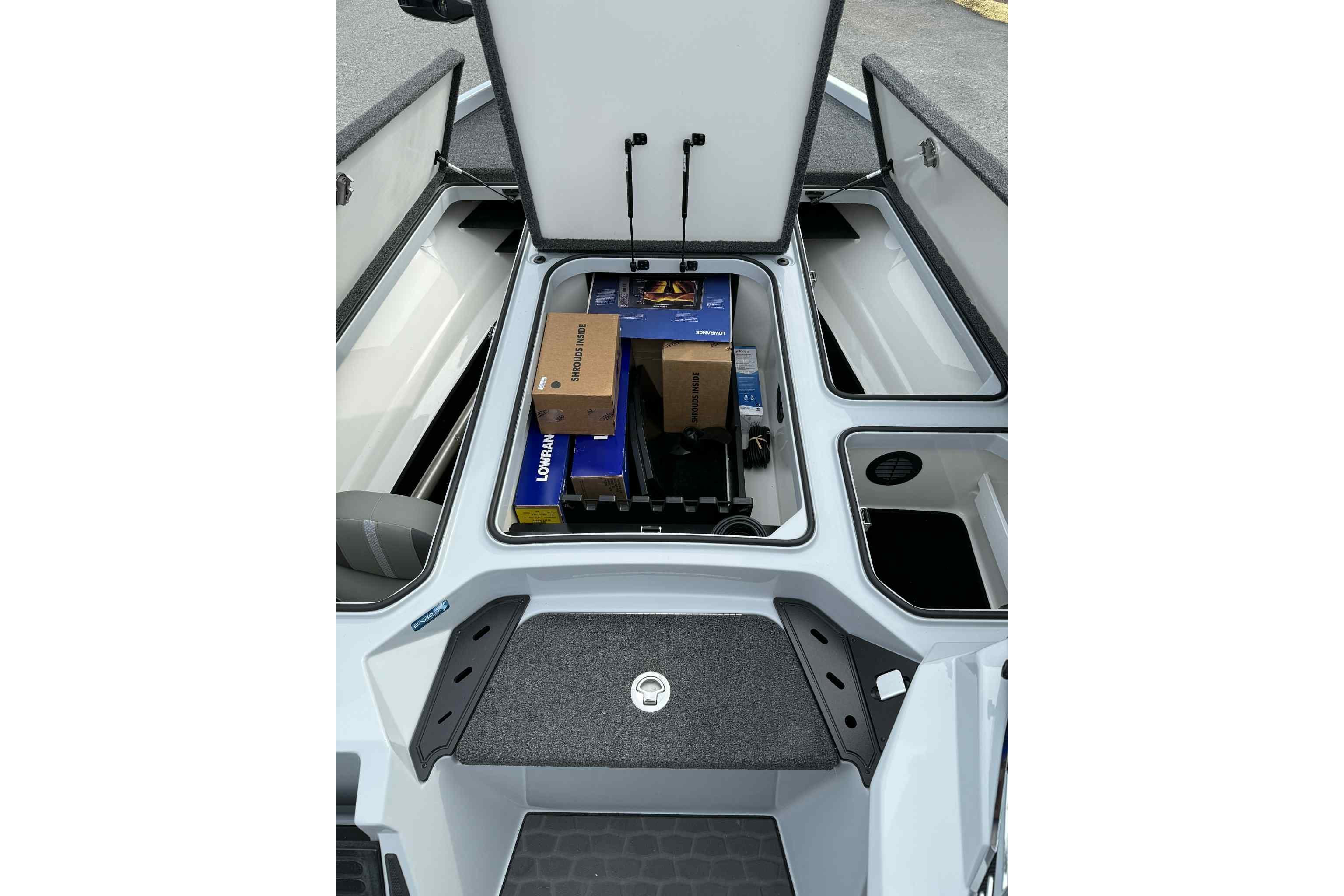 2026 Ranger Z521 boat storage compartments with equipment and accessories.