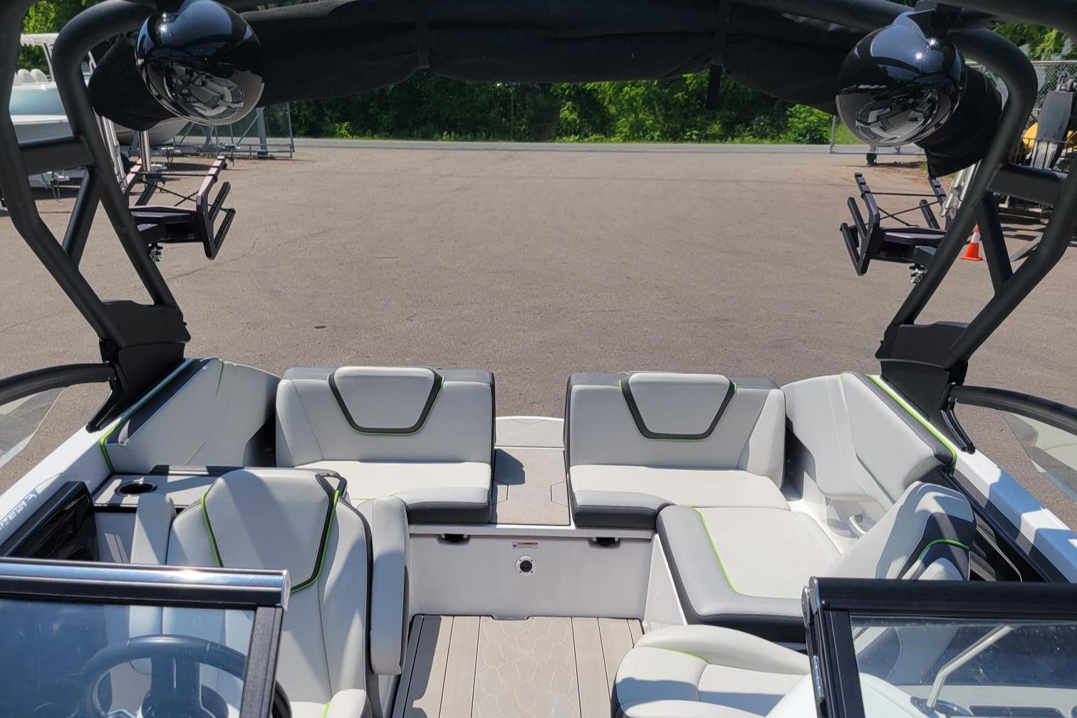 2021 Yamaha Boats 252XE interior with modern seating and sleek design.