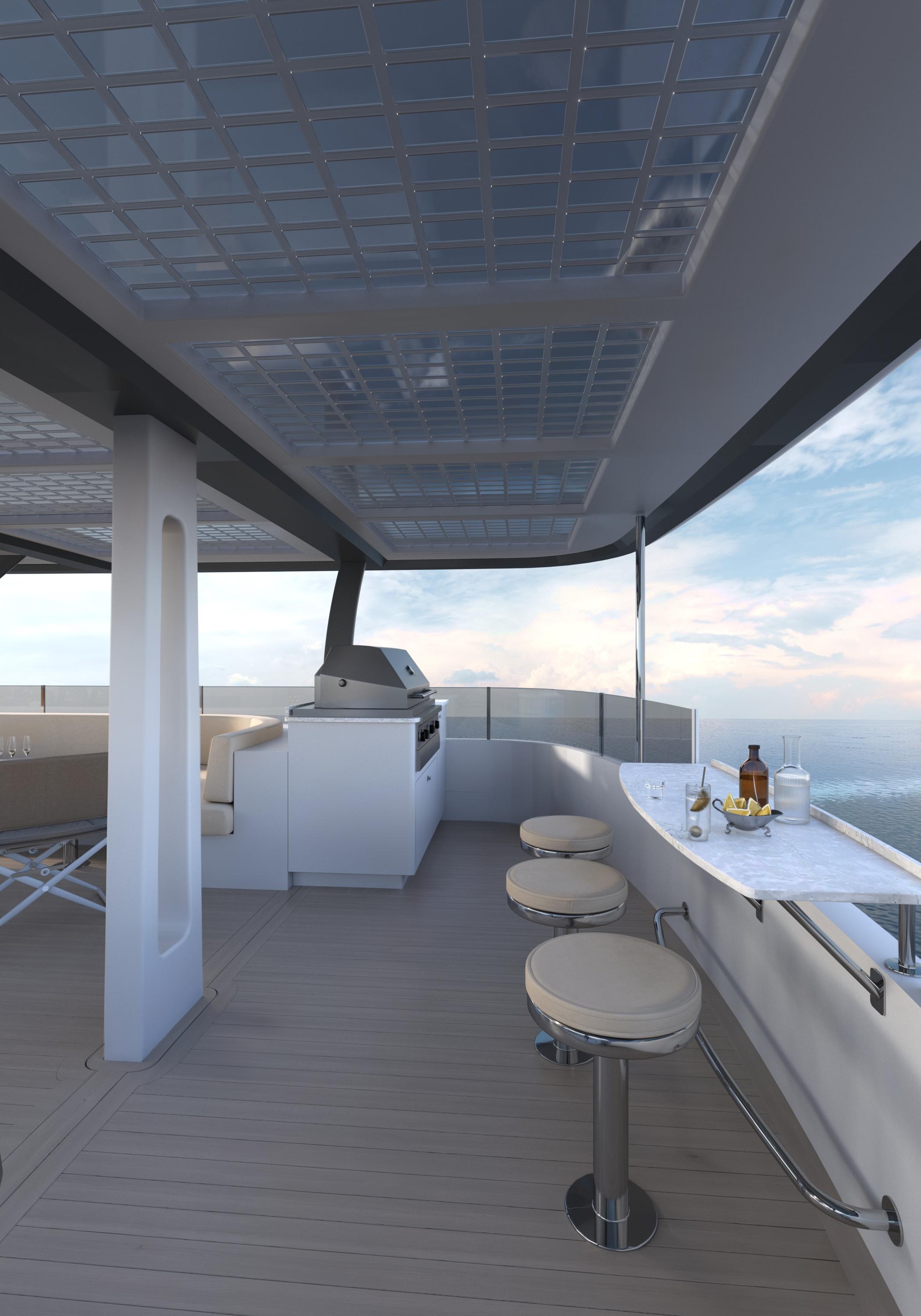 Catamaran-HS 65 2025-HS 65 FL-US-Luxurious 2025 Catamaran HS 65 deck with bar stools and ocean view.-9723610 | Thumbnail