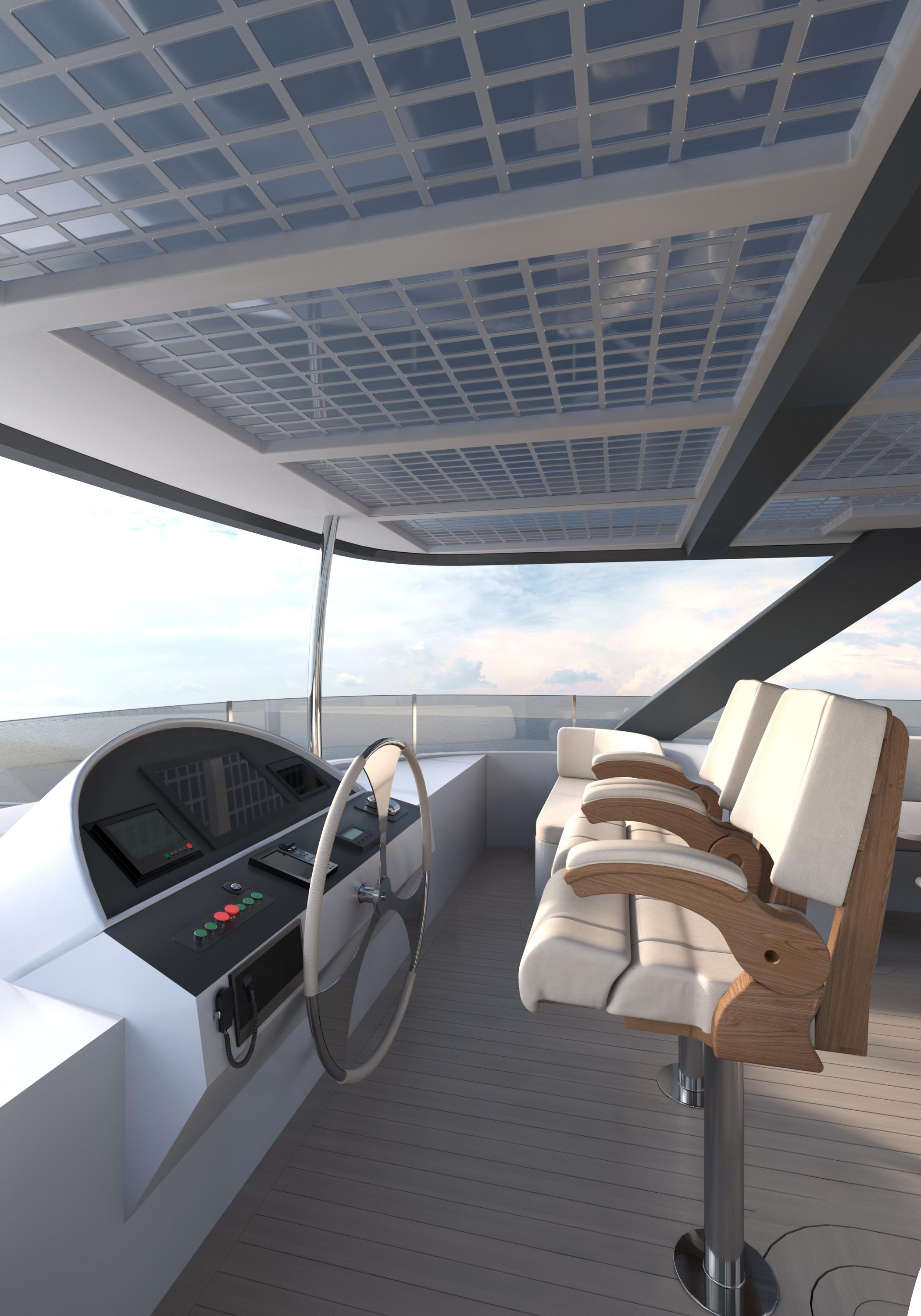 Catamaran-HS 65 2025-HS 65 FL-US-Modern Catamaran HS 65 cockpit with solar panels, sleek design, and comfortable seating, 2025 model.-9723610 | Thumbnail