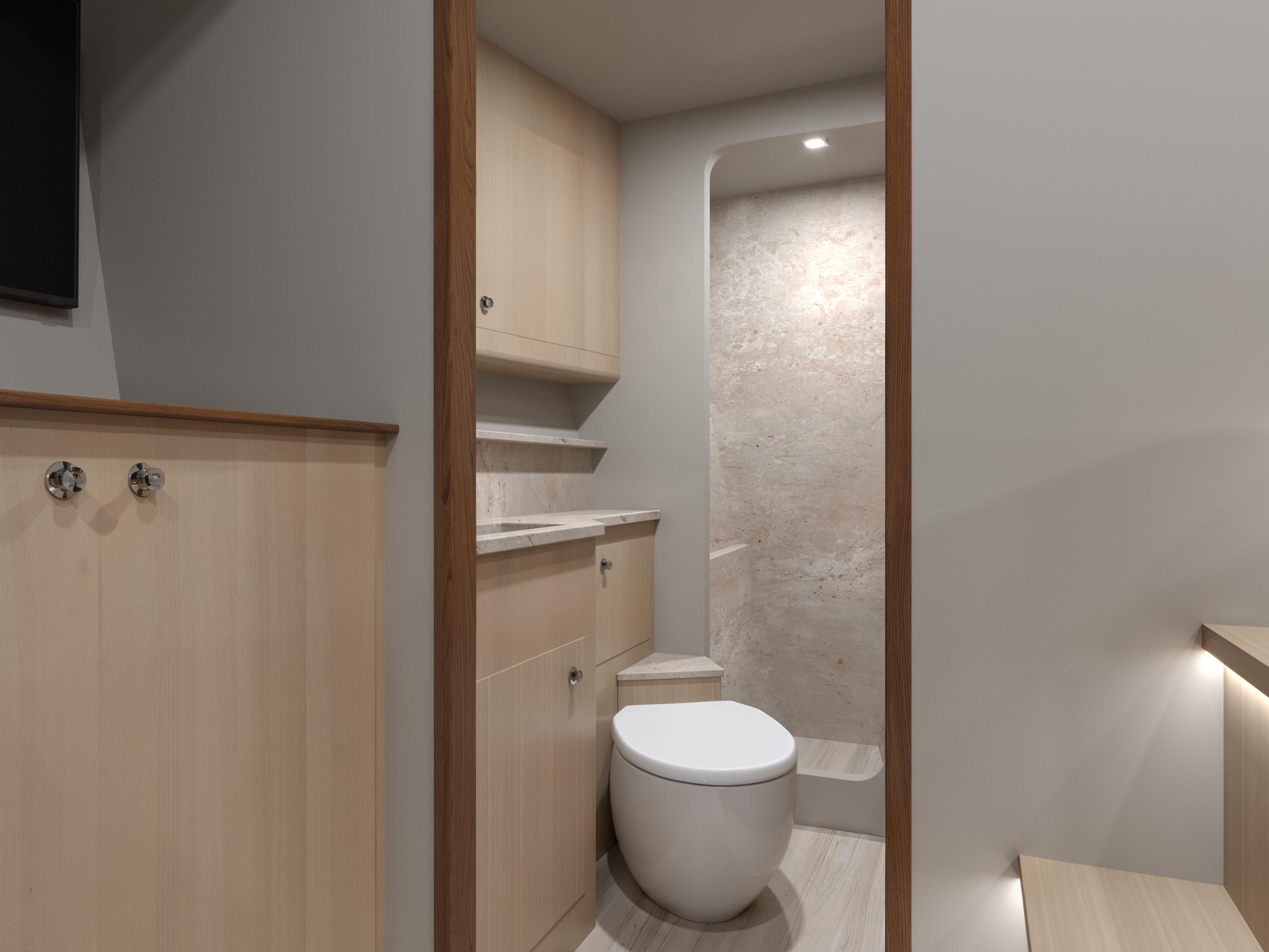 Catamaran-HS 65 2025-HS 65 FL-US-Modern bathroom interior in 2025 Catamaran HS 65 yacht, featuring sleek design and wood accents.-9723610 | Thumbnail