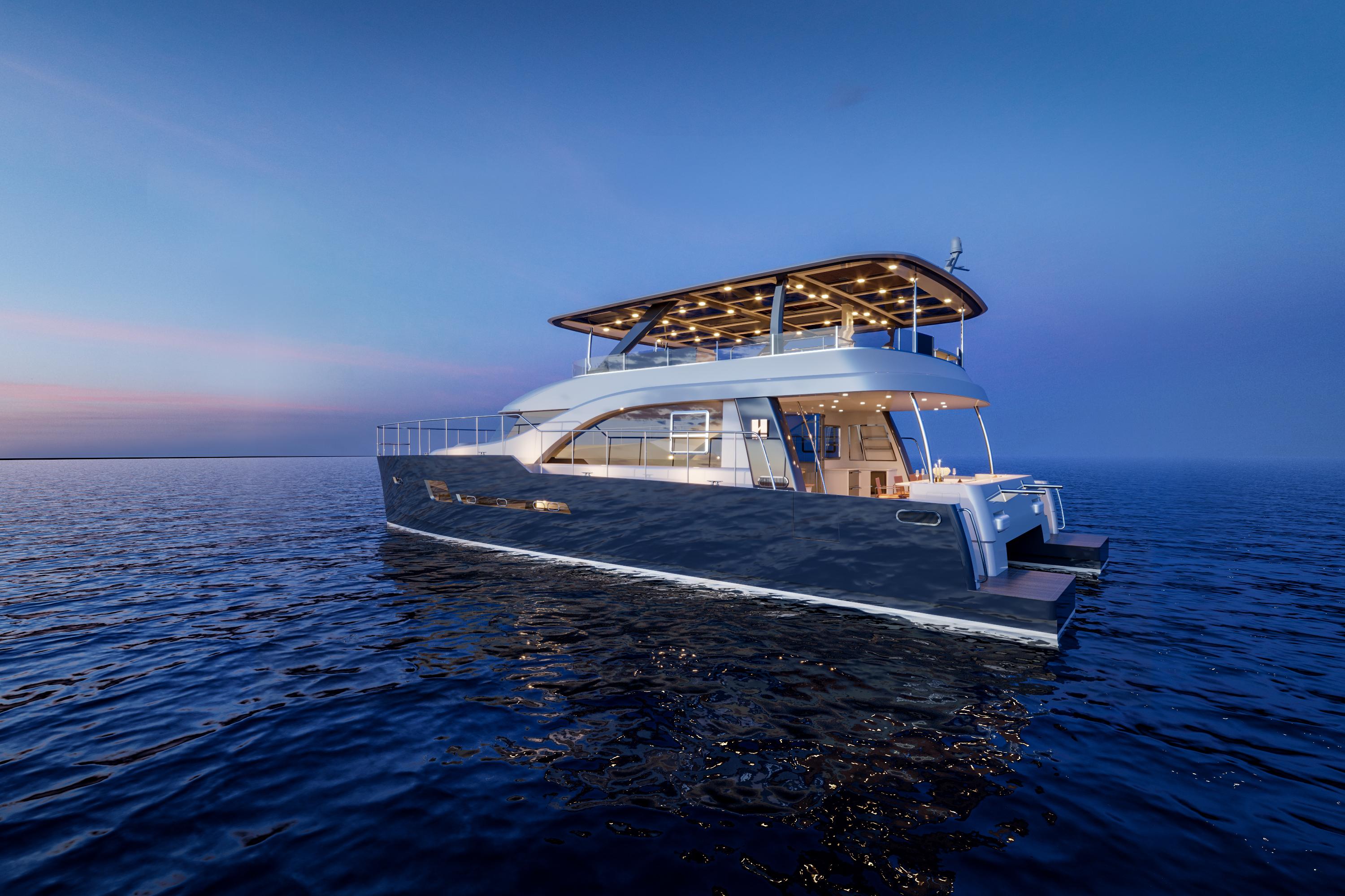 Catamaran-HS 65 2025-HS 65 FL-US-2025 Catamaran HS 65 yacht on calm ocean at sunset.-9723610 | Thumbnail
