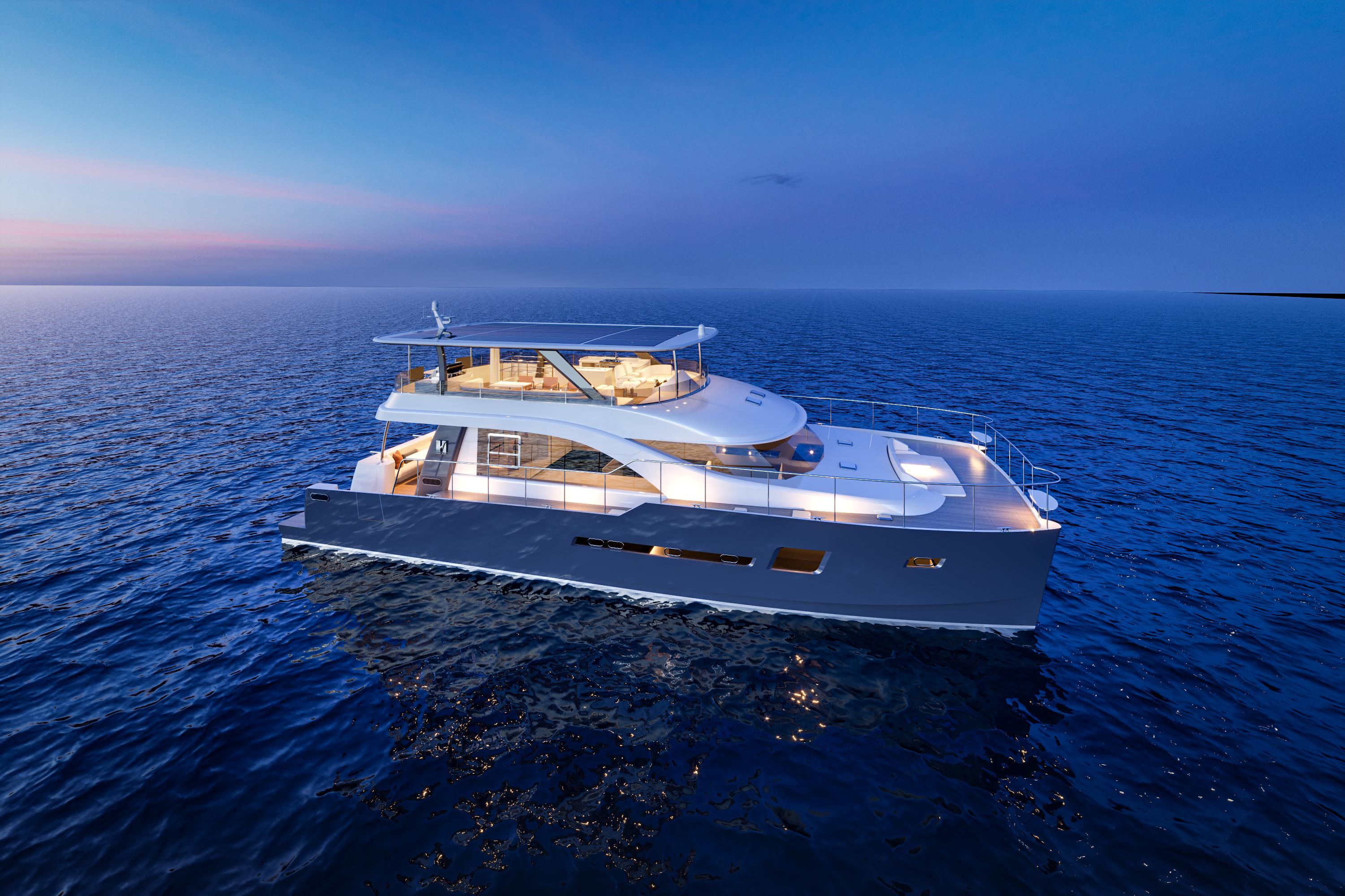 Catamaran-HS 65 2025-HS 65 FL-US-2025 Catamaran HS 65 cruising on serene ocean at sunset.-9723610 | Thumbnail