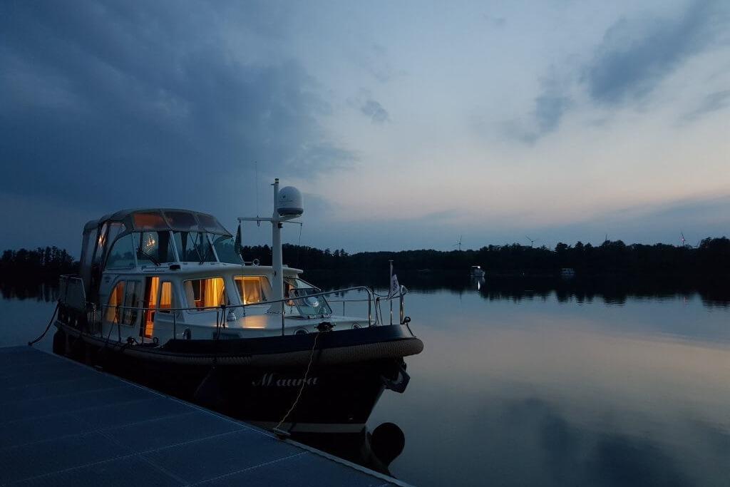 Linssen Yachts 2014 New Classic Sturdy 36 AC docked at serene twilight.