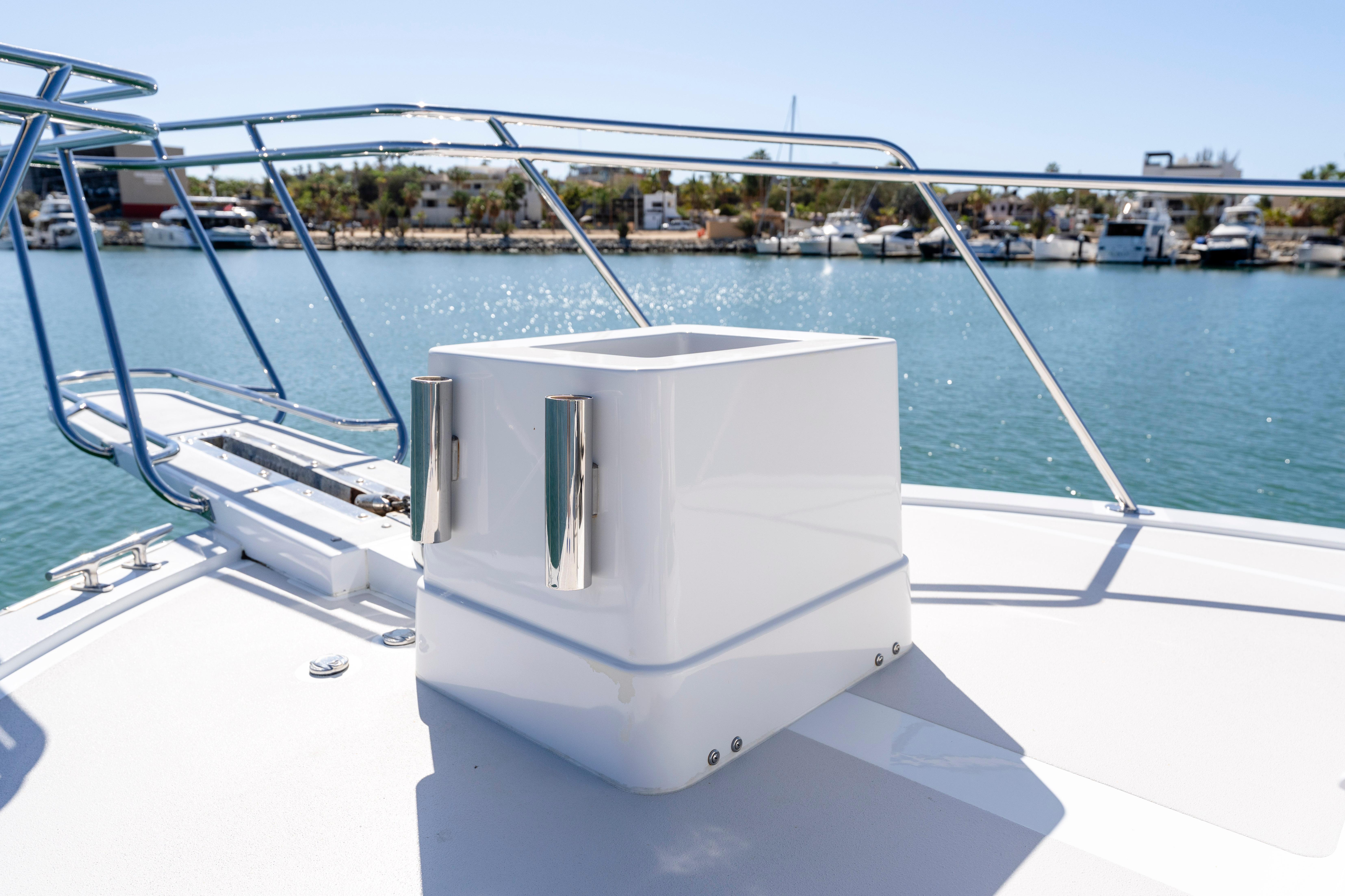 Pacifica-50 Convertible 1983-Bull Pen CA-US-1983 Pacifica 50 Convertible yacht deck with railing, docked in a marina.-9793604 | Thumbnail