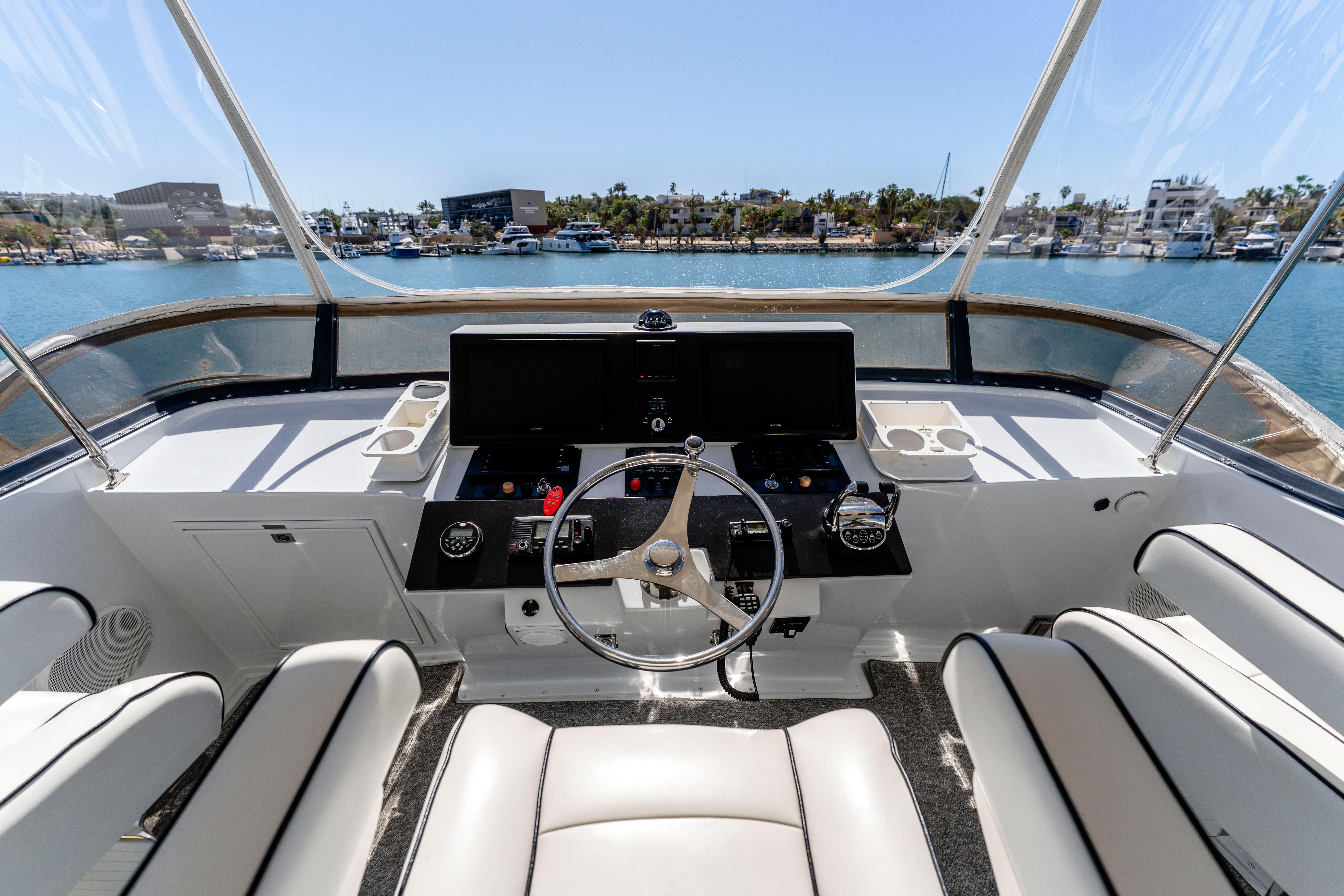 Pacifica-50 Convertible 1983-Bull Pen CA-US-1983 Pacifica 50 Convertible yacht helm with modern controls and waterfront view.-9793604 | Thumbnail
