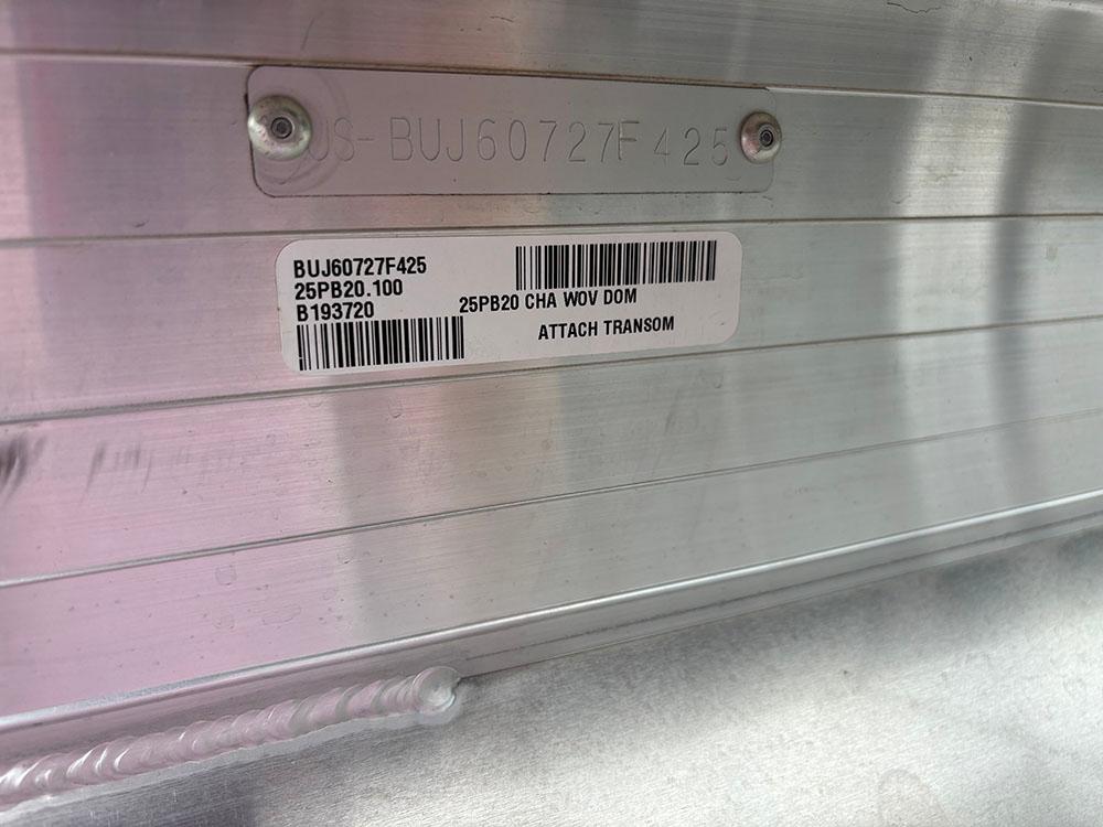 2025 Sun Tracker Party Barge 20 DLX identification plate with serial and model numbers.