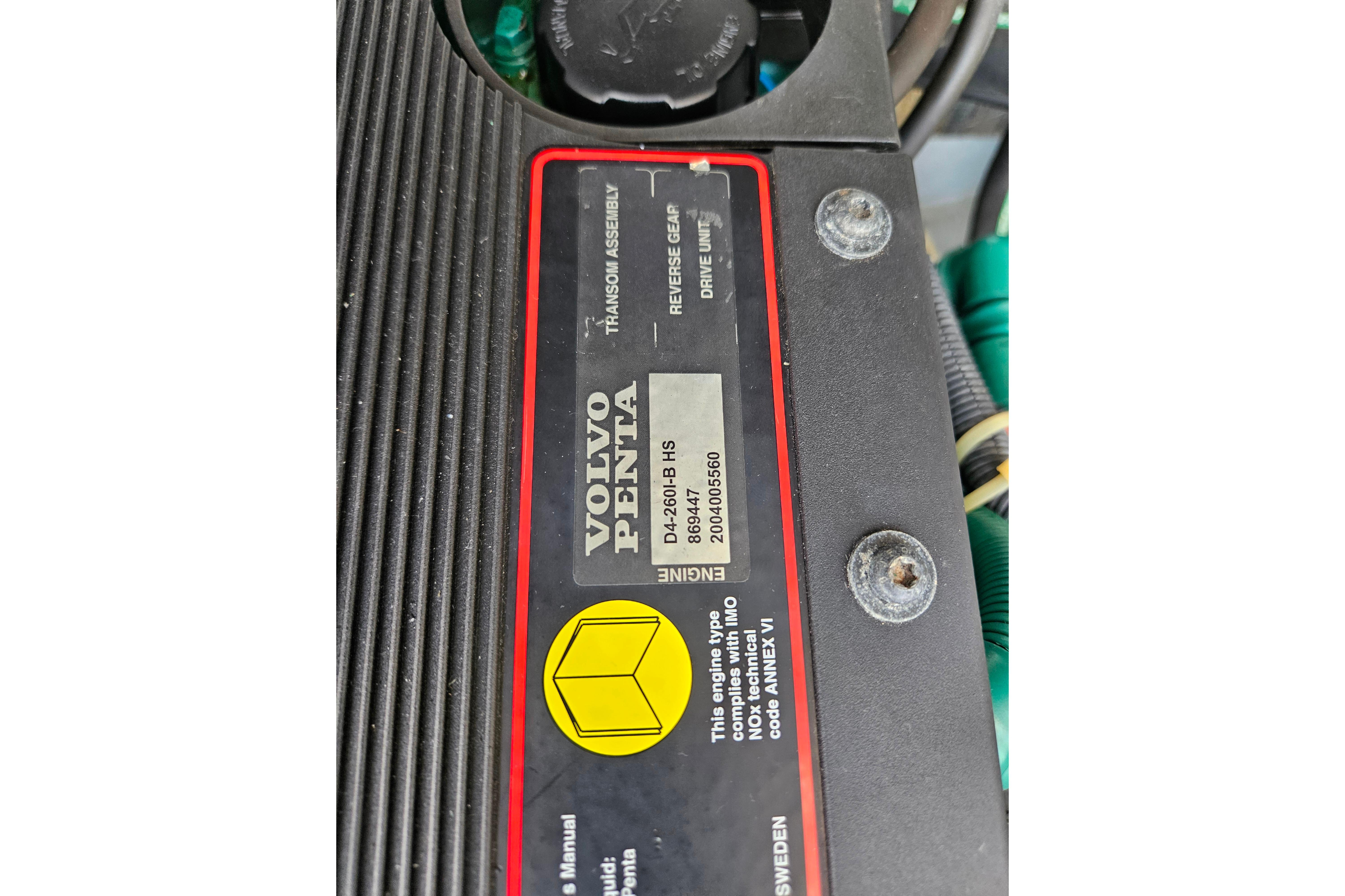 Volvo Penta engine label on 2006 Back Cove 26 boat.