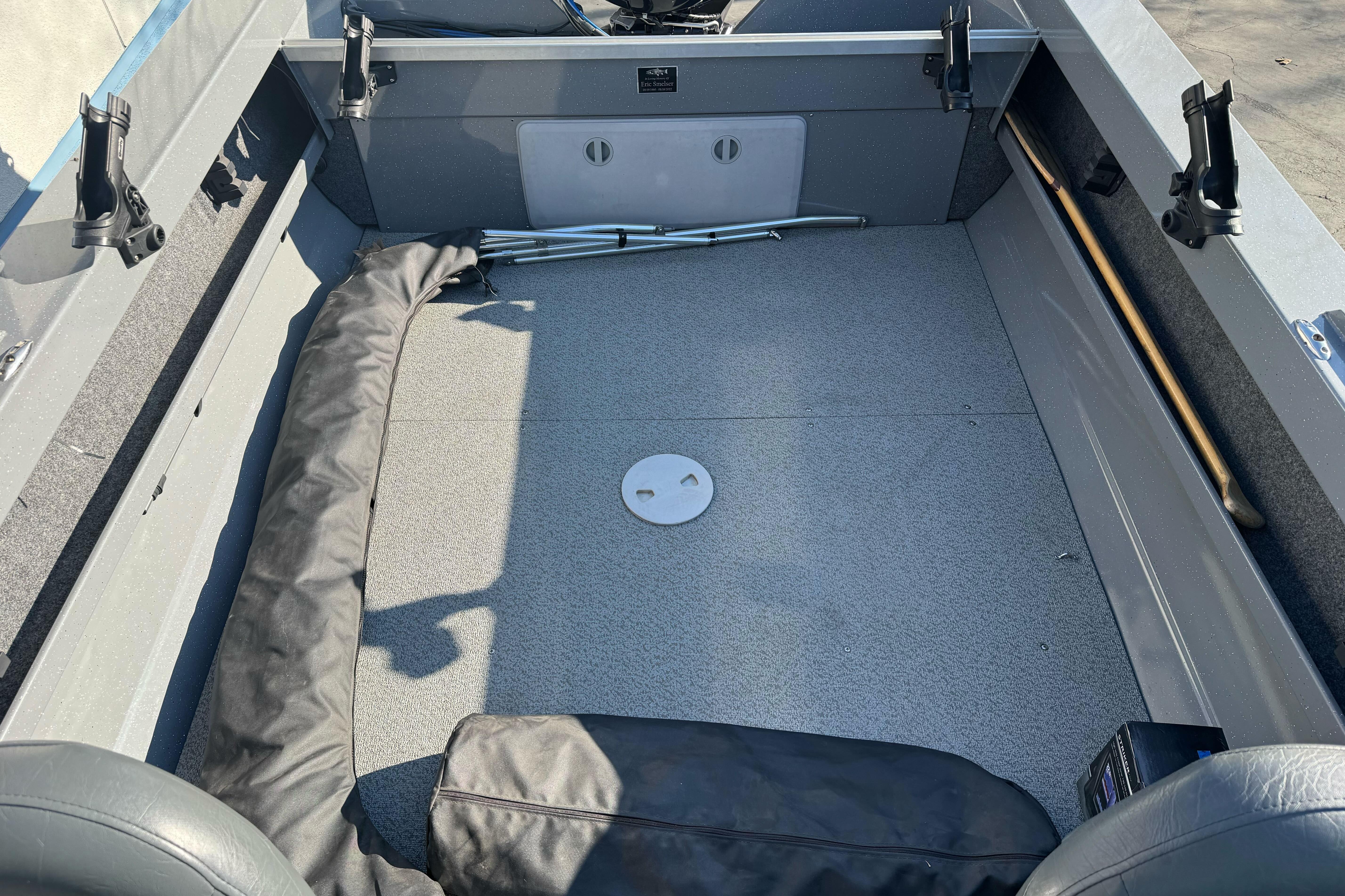2017 RH Boats 18 SH interior with spacious deck and rod holders.