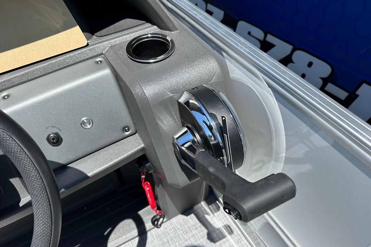 2026 Sun Tracker Party Barge 20 DLX throttle control and dashboard detail.