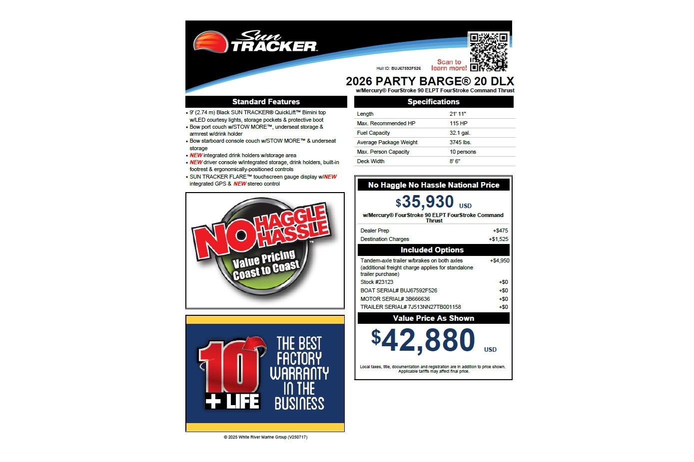 2026 Sun Tracker Party Barge 20 DLX brochure with specifications and pricing details.