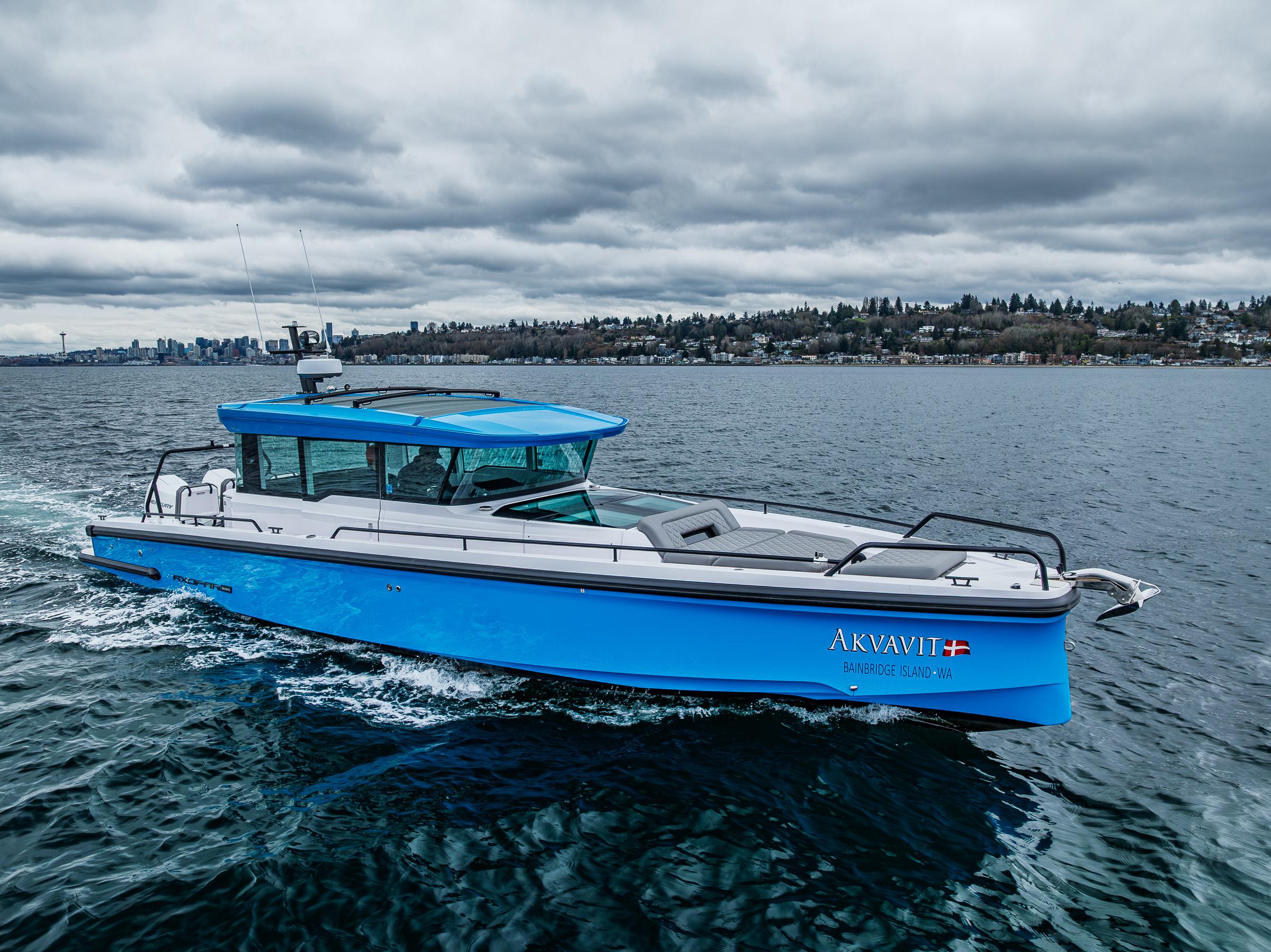 Axopar-37xc  Wetbar 2021-AQVAVIT WA-US-2021 Axopar 37xc Wetbar boat cruising on a cloudy day.-9703795 | Thumbnail