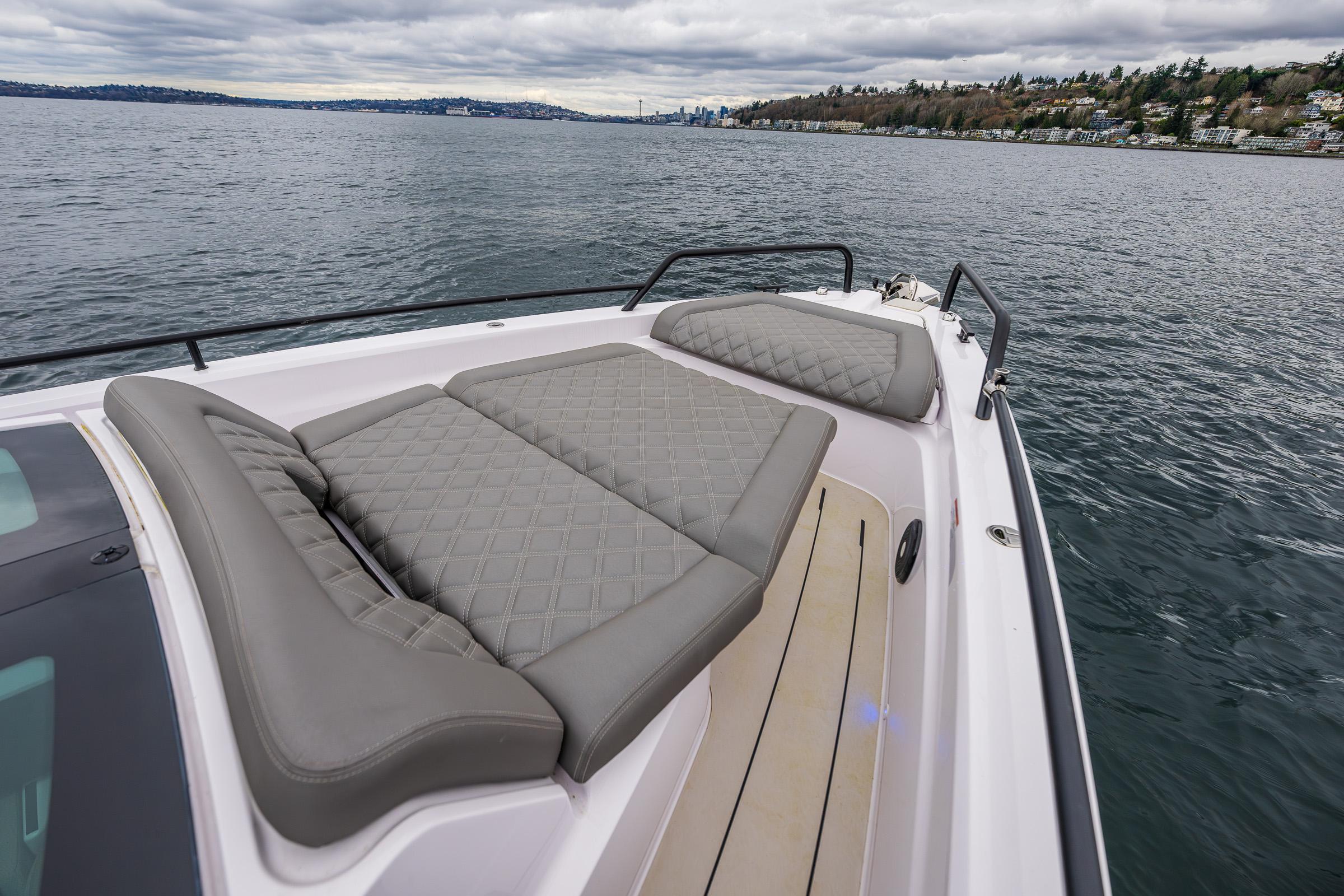 Axopar-37xc  Wetbar 2021-AQVAVIT WA-US-2021 Axopar 37xc Wetbar boat with cushioned deck, on a calm lake.-9703795 | Thumbnail