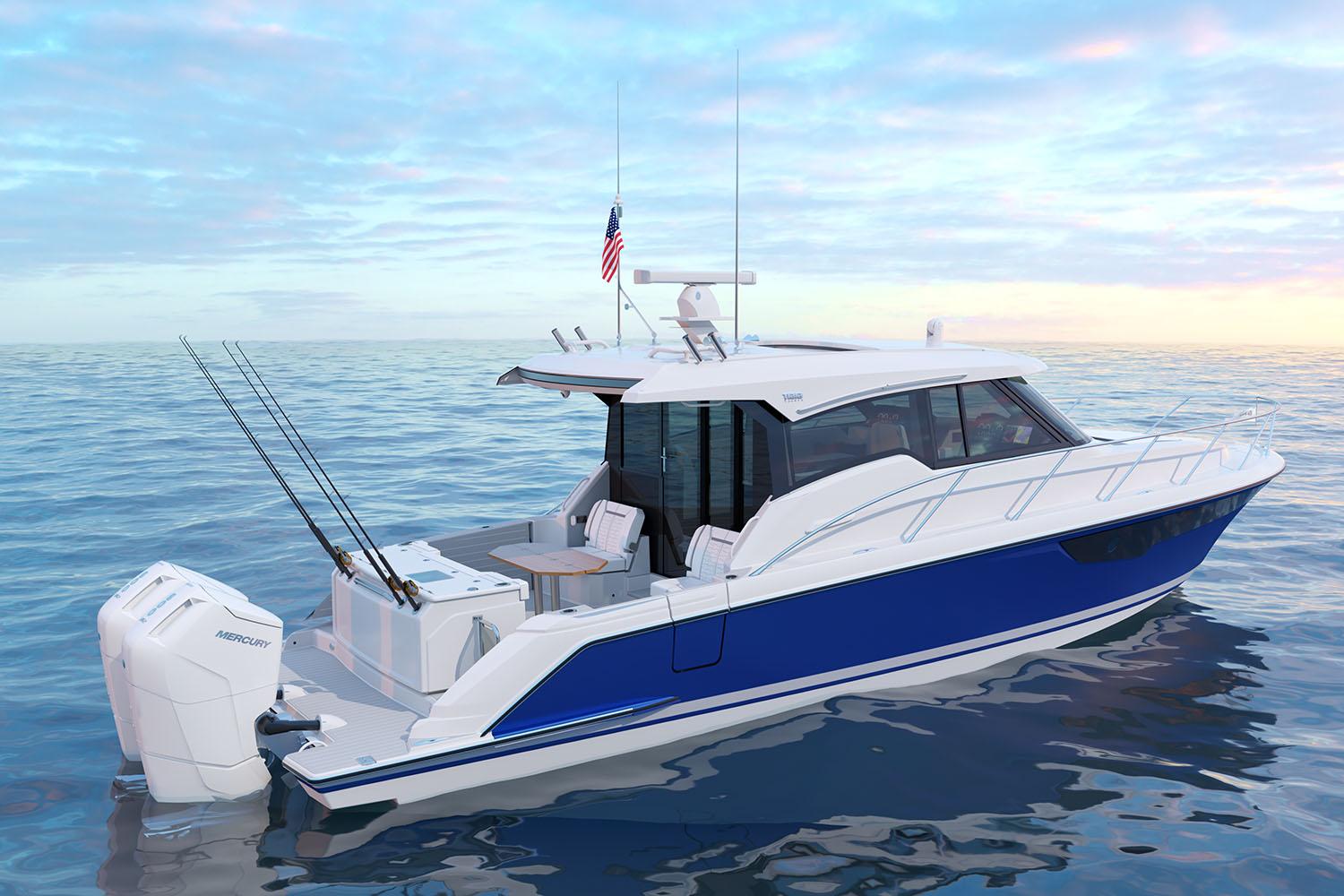 Manufacturer Provided Image: 2025 Tiara Yachts 43 LE boat on calm ocean, featuring sleek design and fishing rods.