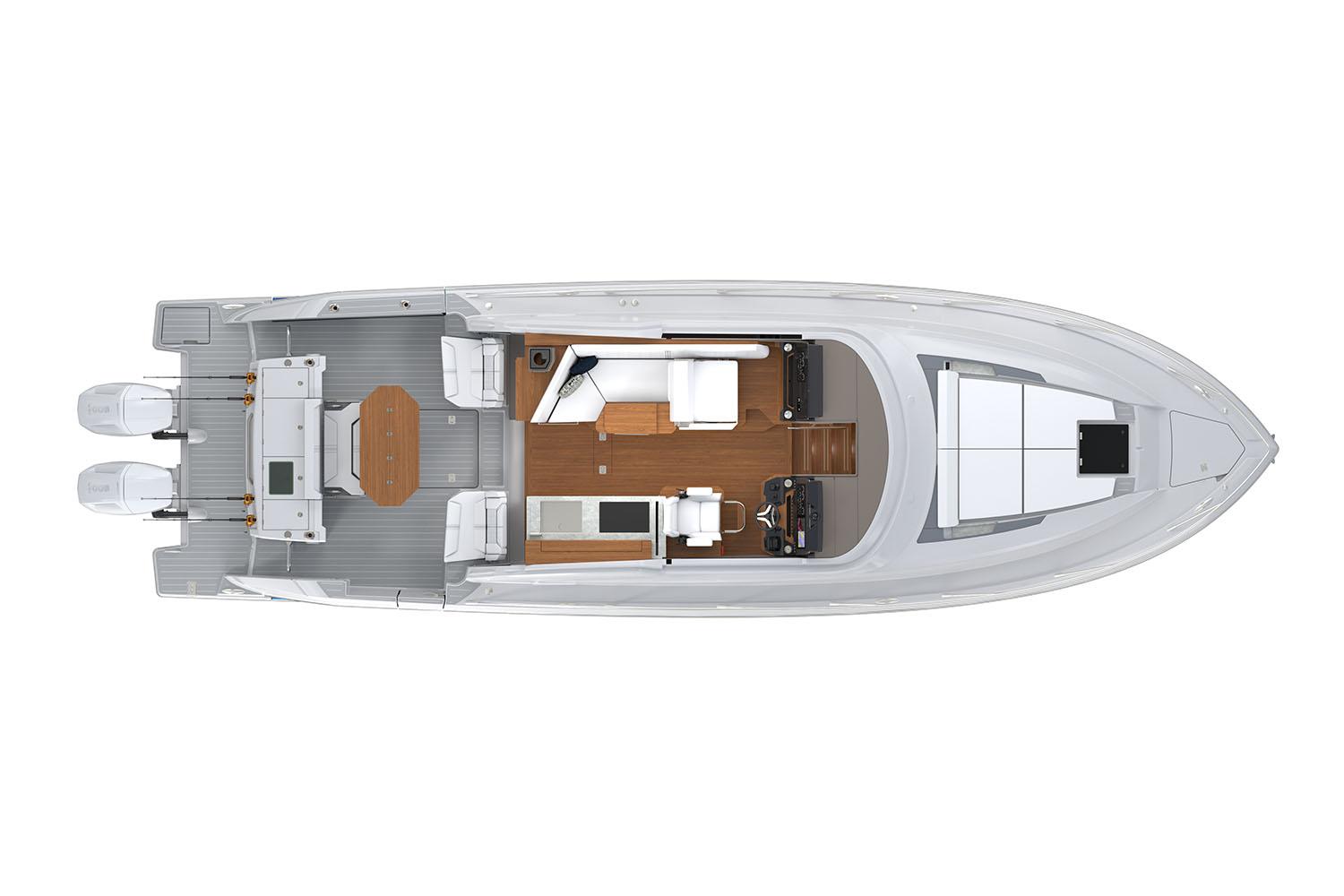 Manufacturer Provided Image: Top view of 2025 Tiara Yachts 43 LE layout, featuring spacious deck and cabin design.