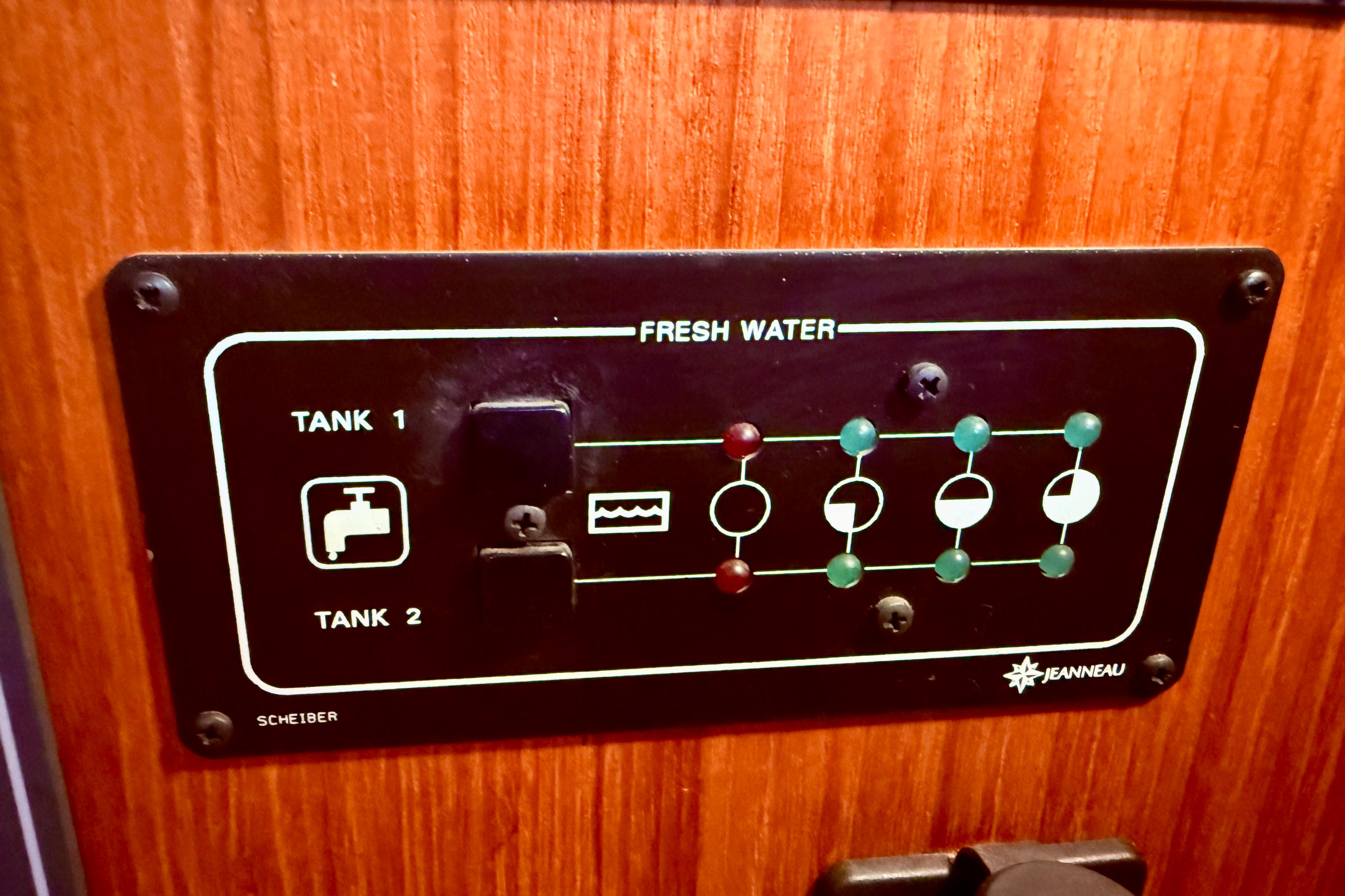 Control panel for fresh water tanks on 1997 Jeanneau Sun Odyssey 36.2 yacht.