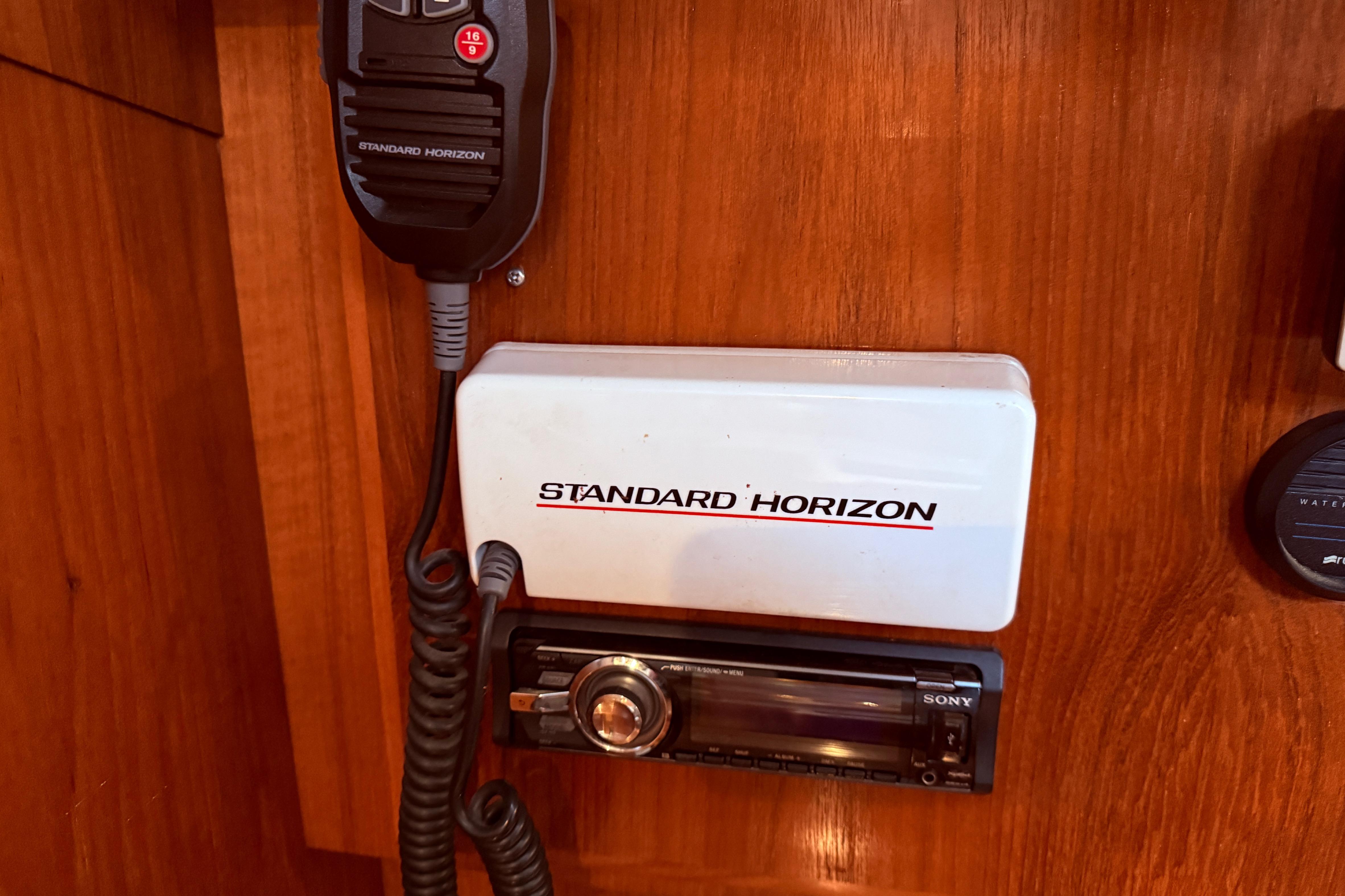 Standard Horizon radio and Sony stereo on Jeanneau Sun Odyssey 36.2, 1997 model.