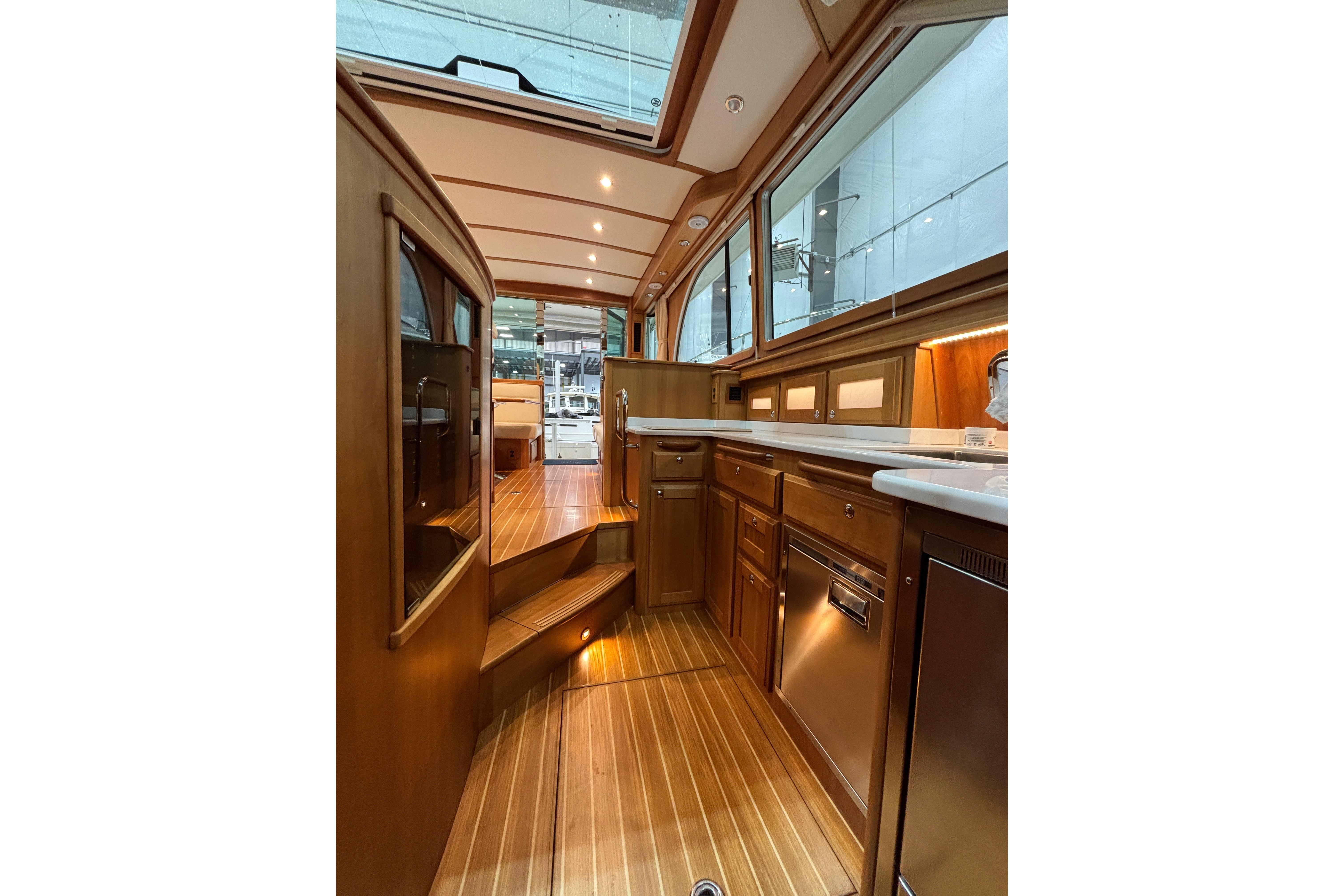 Interior of 2020 Sabre 45 Salon Express yacht with elegant wood finishes and modern amenities.